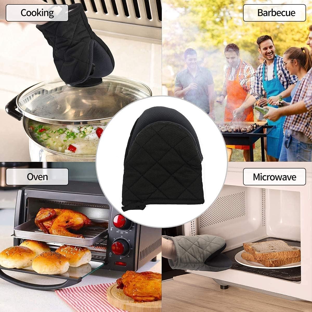 1 Pair Short Oven Mitts, Heat Resistant Silicone Kitchen Mini Oven Mitts for 500 Degrees, Non-Slip Grip Surfaces and Hanging Loop Gloves, Baking Grilling Barbecue Microwave Machine Washable