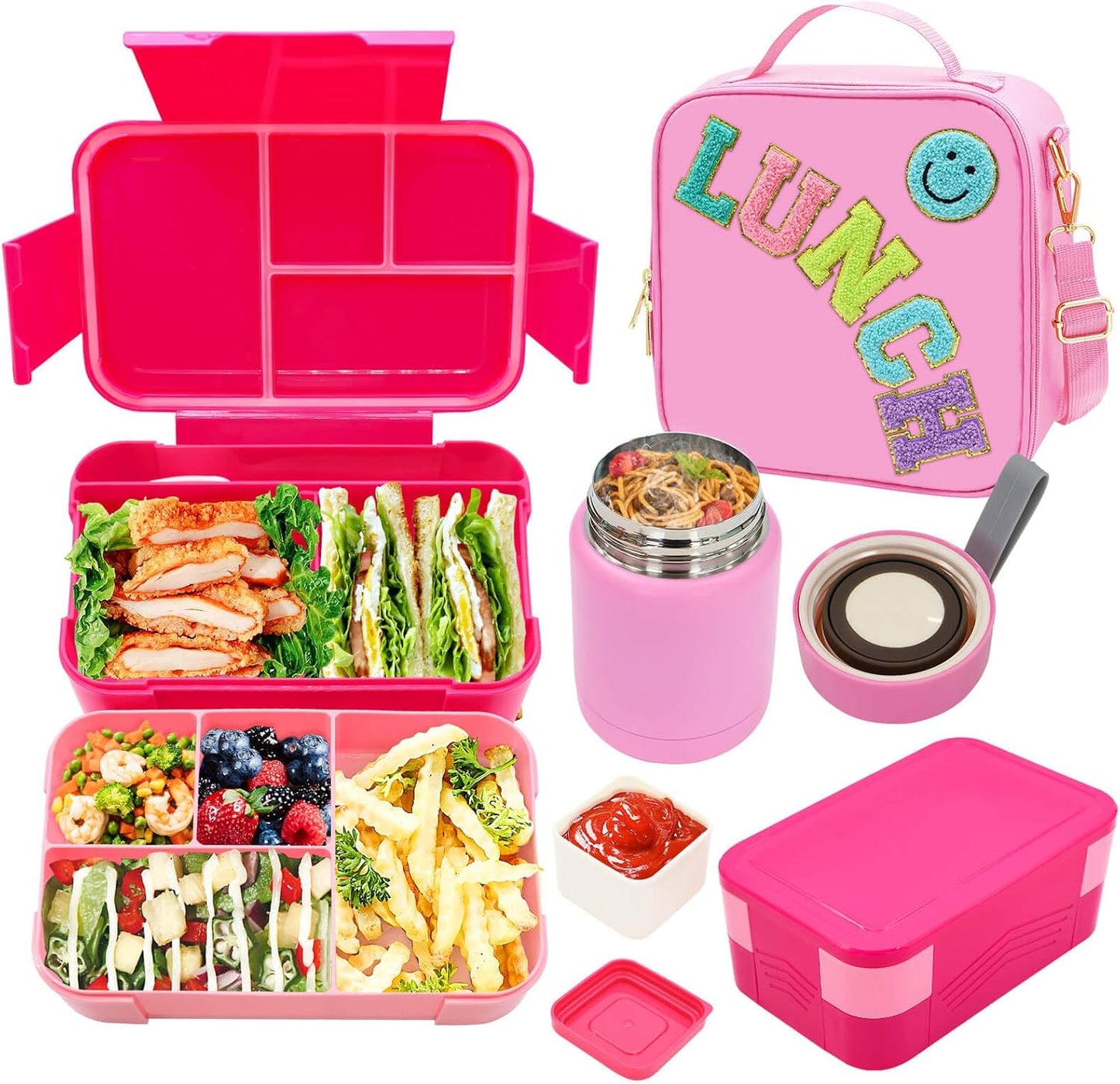 Pink Lunch Box for Girls with 10oz Thermo, with 6 Compartment Bento Box, Nylon Insulated Lunch Bag Adjustable Strap for Girl Kids Teens School Travel Picnic