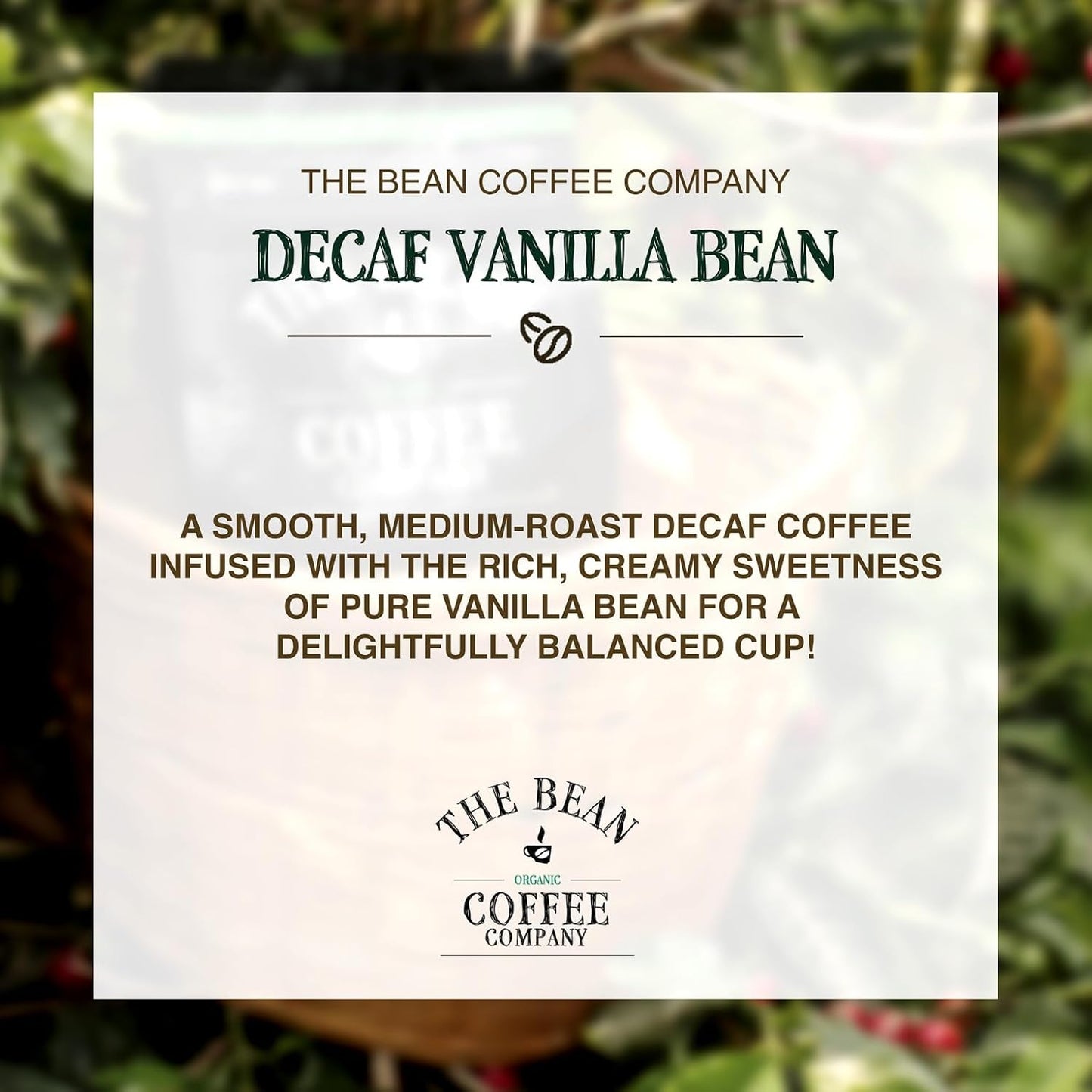 The Bean Organic Coffee Company Water Processed DECAF Vanilla Bean, Medium Roast, Whole Bean Coffee, 16-Ounce Bag