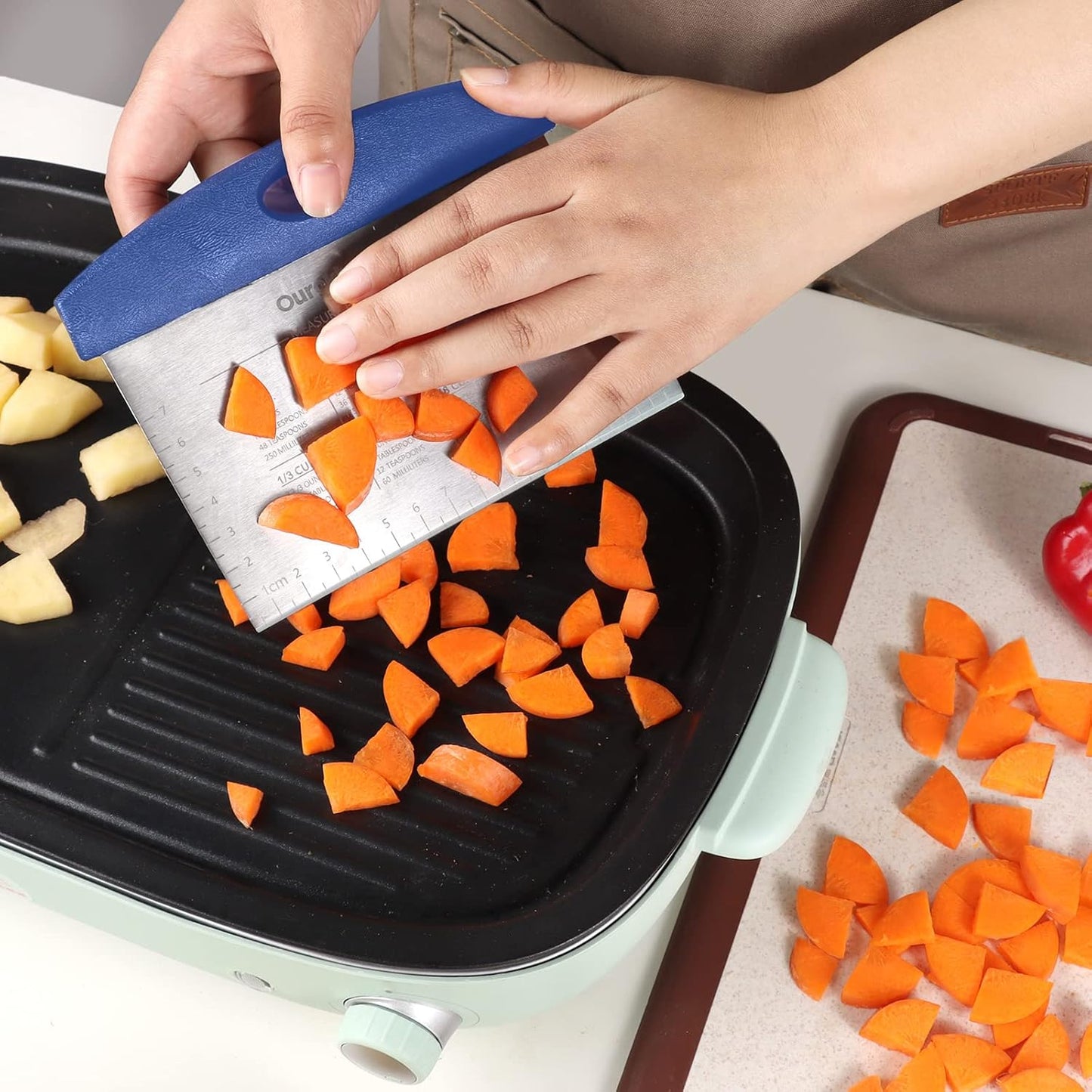 Ourokhome Dough Pastry Bench Cutter Scraper, Stainless Steel Pizza Cutter for Kitchen Baking, Dishwasher Safe, Anti-Wear Laser-Engraved Measuring Scale and Conversion Chart, 2 Pack, Blue