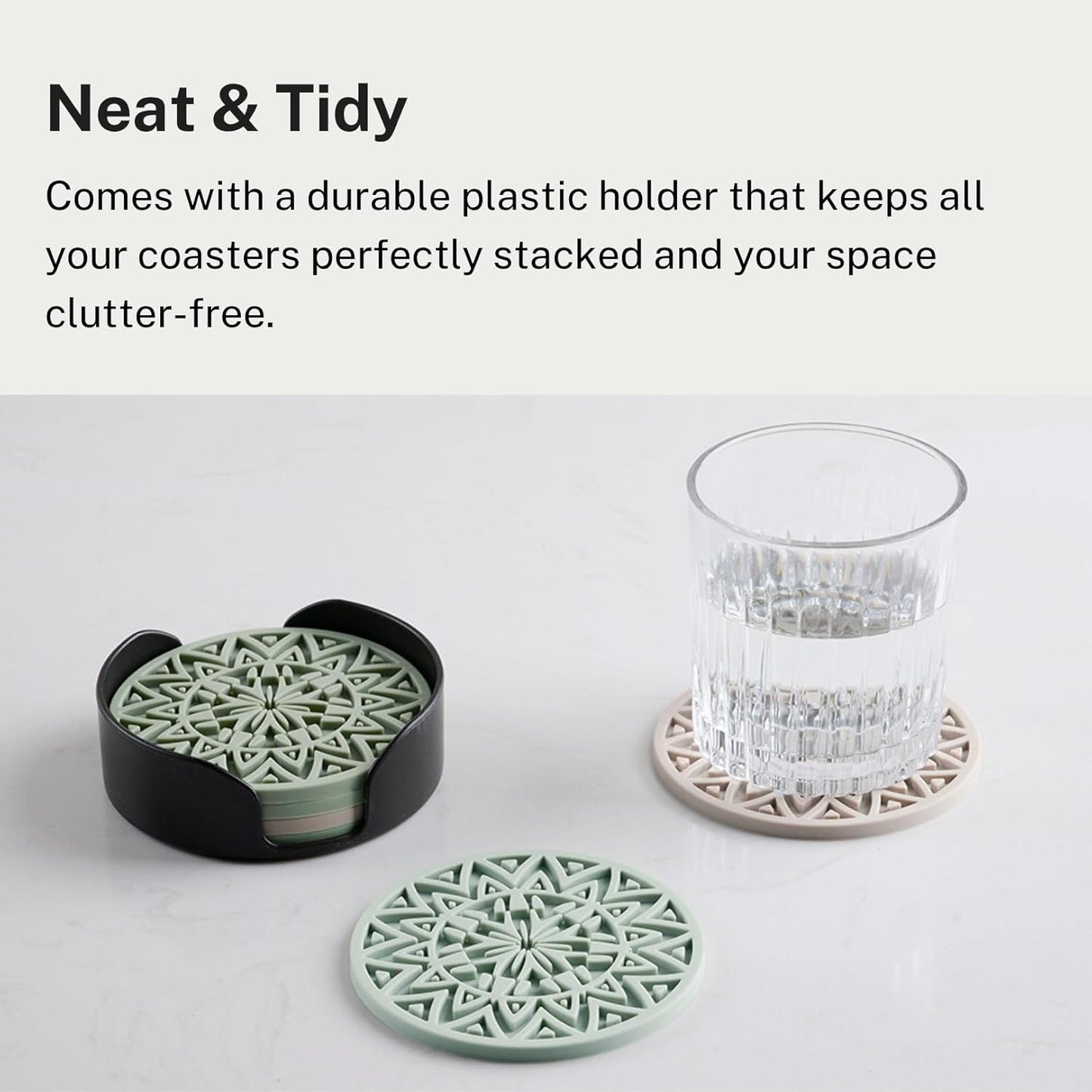 Set of 6 Teal Silicone Coasters with Holder, Drink Coasters with Tribal Pattern Shape- for Table Protection, Anti Slip, Nonstick, Heat Resistant, Deep Tray