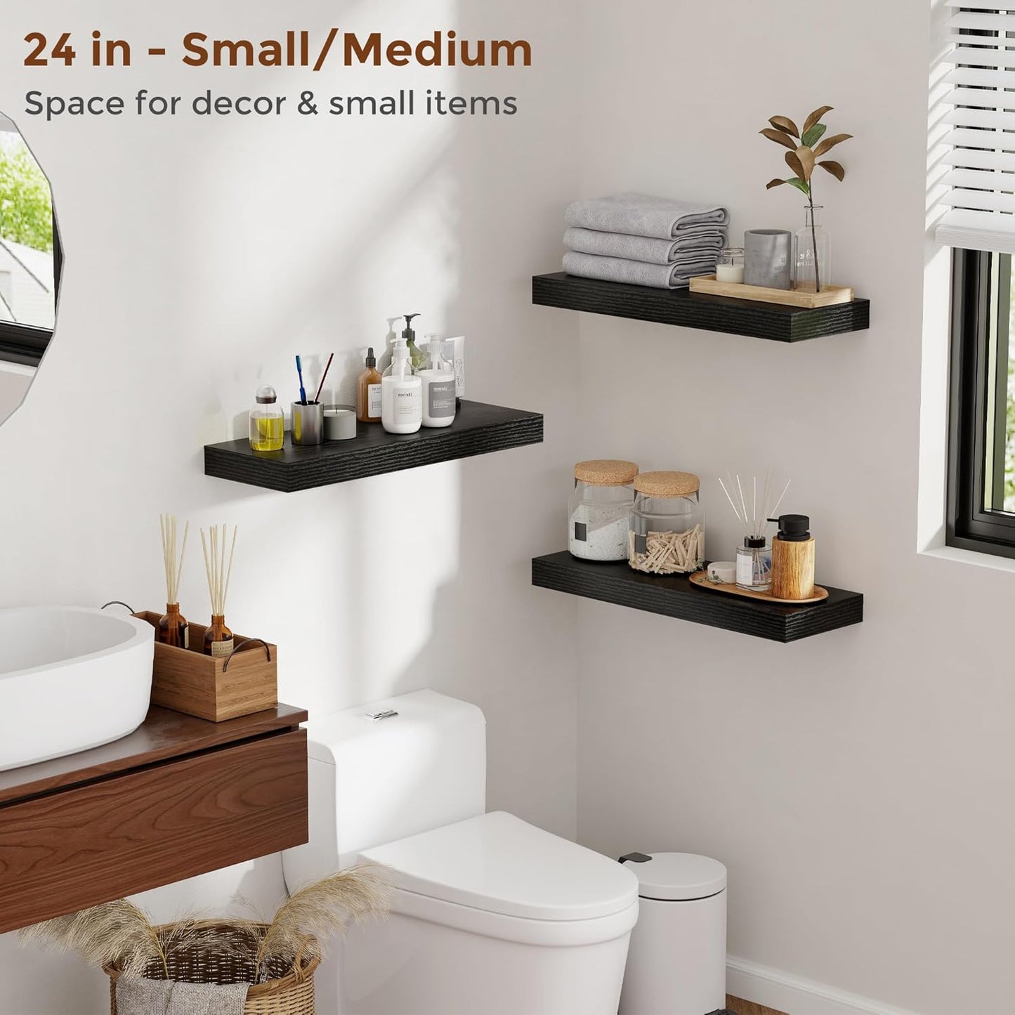 Heimlove 48 Inch Floating Shelves for Wall 8 Inch Deep Black Shelves Set of 2,Wall Mounted Rustic Wood Long Floating Shelf，Large Display & Storage Shelf with Invisible Brackets