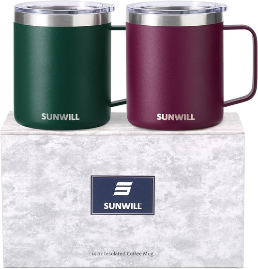 SUNWILL Travel Coffee Mug Set of 2, Insulated Tumbler with Lid, 14 oz Stainless Steel Cup with Handle for Camping, Office, Home, Powder Coated Forest Green & Plum