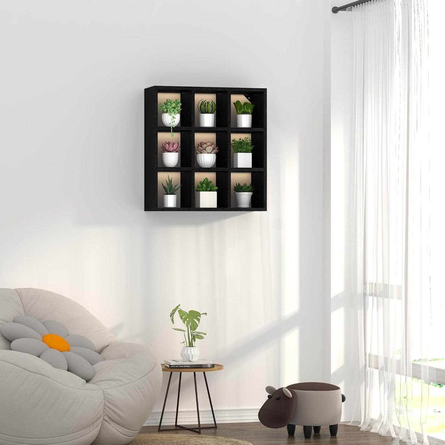 Helsin 9 Grid Vintage Coffee Mug Display Rack, 16inch Wall Mounted Wooden Curio Shadow Box Shelf, Cup Floating Shelves Display and Organizer (Black)