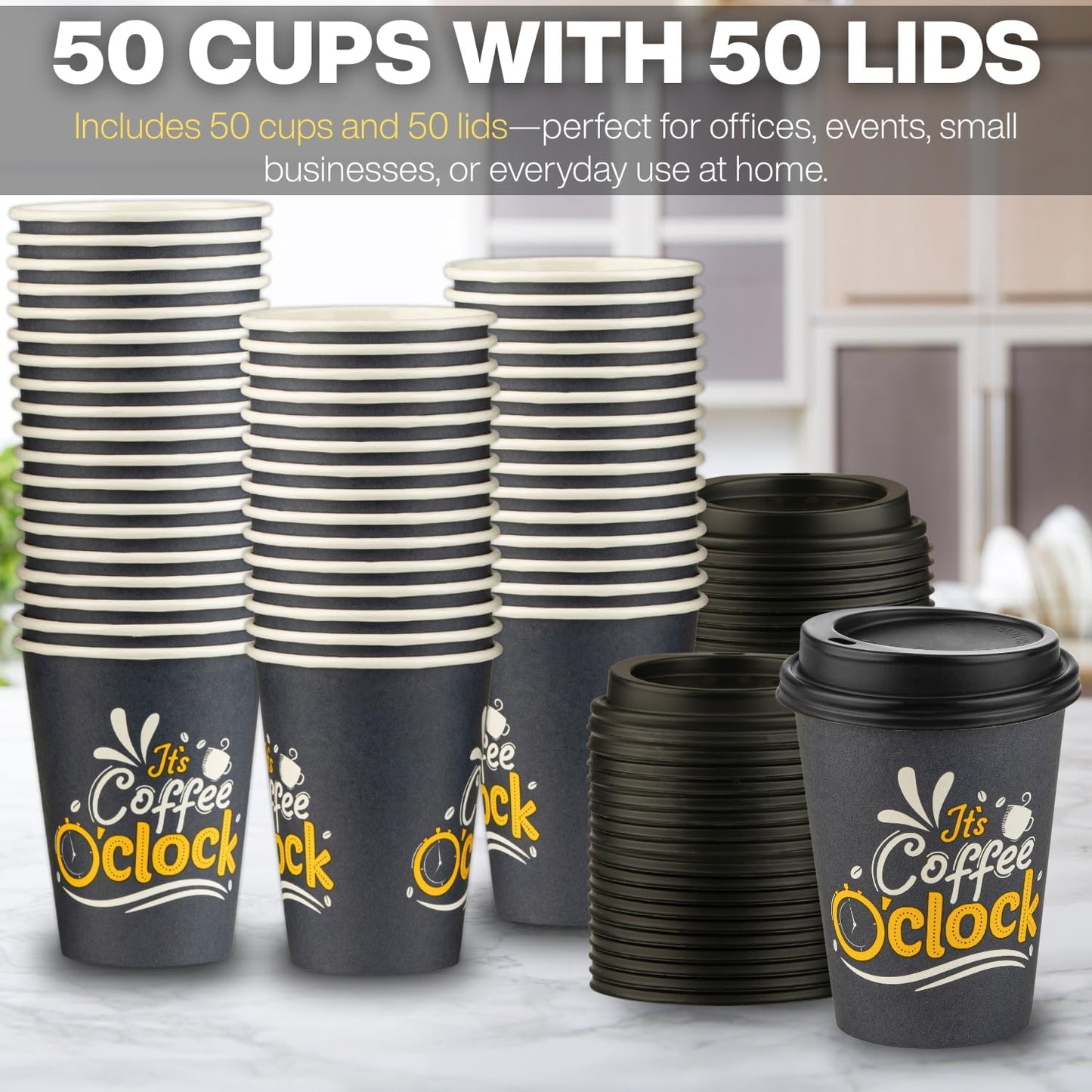 Smygoods Disposable Coffee Cups with Lids, To Go Paper Hot Cups, Coffee O'Clock Design (12 OZ, 50 Count) For Hot Beverages, Coffee, Tea, Espresso, Cocoa - Vasos Para Cafe