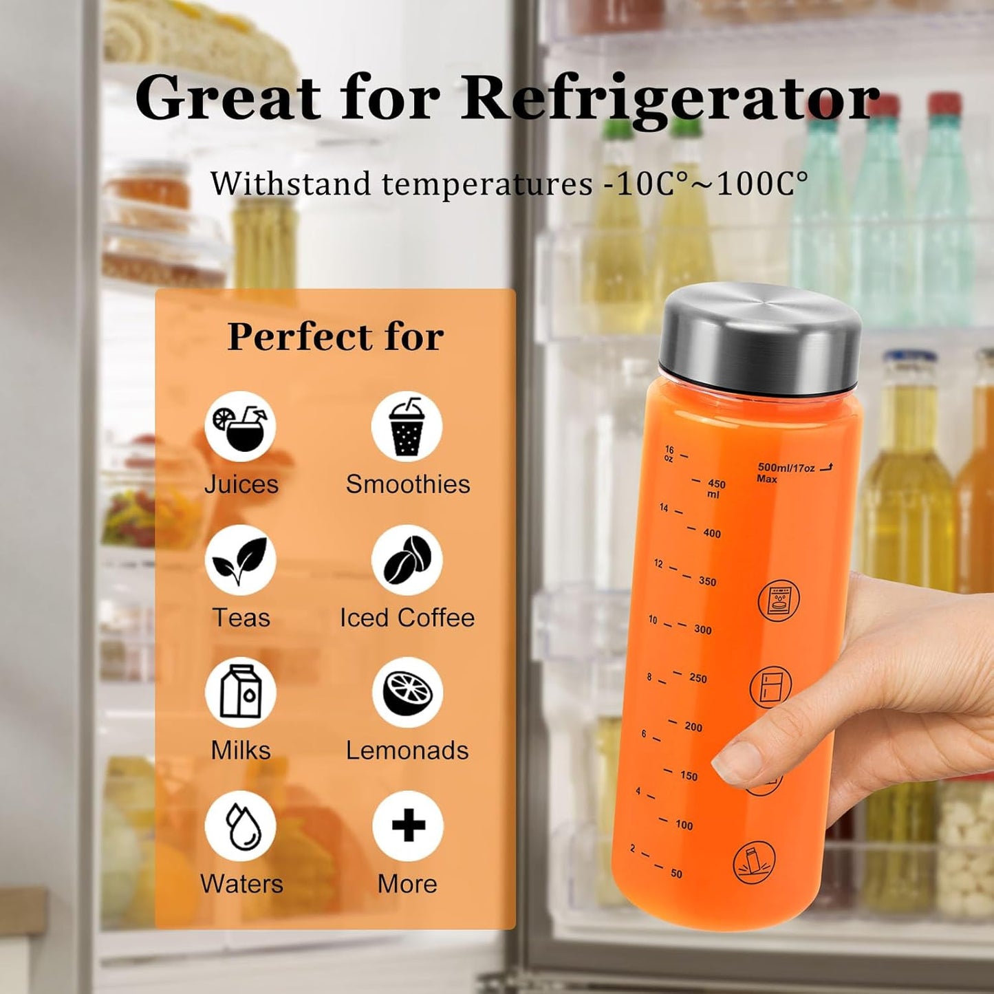 4 Pack Juice Bottles with Caps - Wide Mouth Resuable Clear Plastic Water Bottles for Juicing,Smoothie,Protein, Beverage,Storage Containers,BPA Free,Leakproof Stainless Steel Lid(16 Ounces)