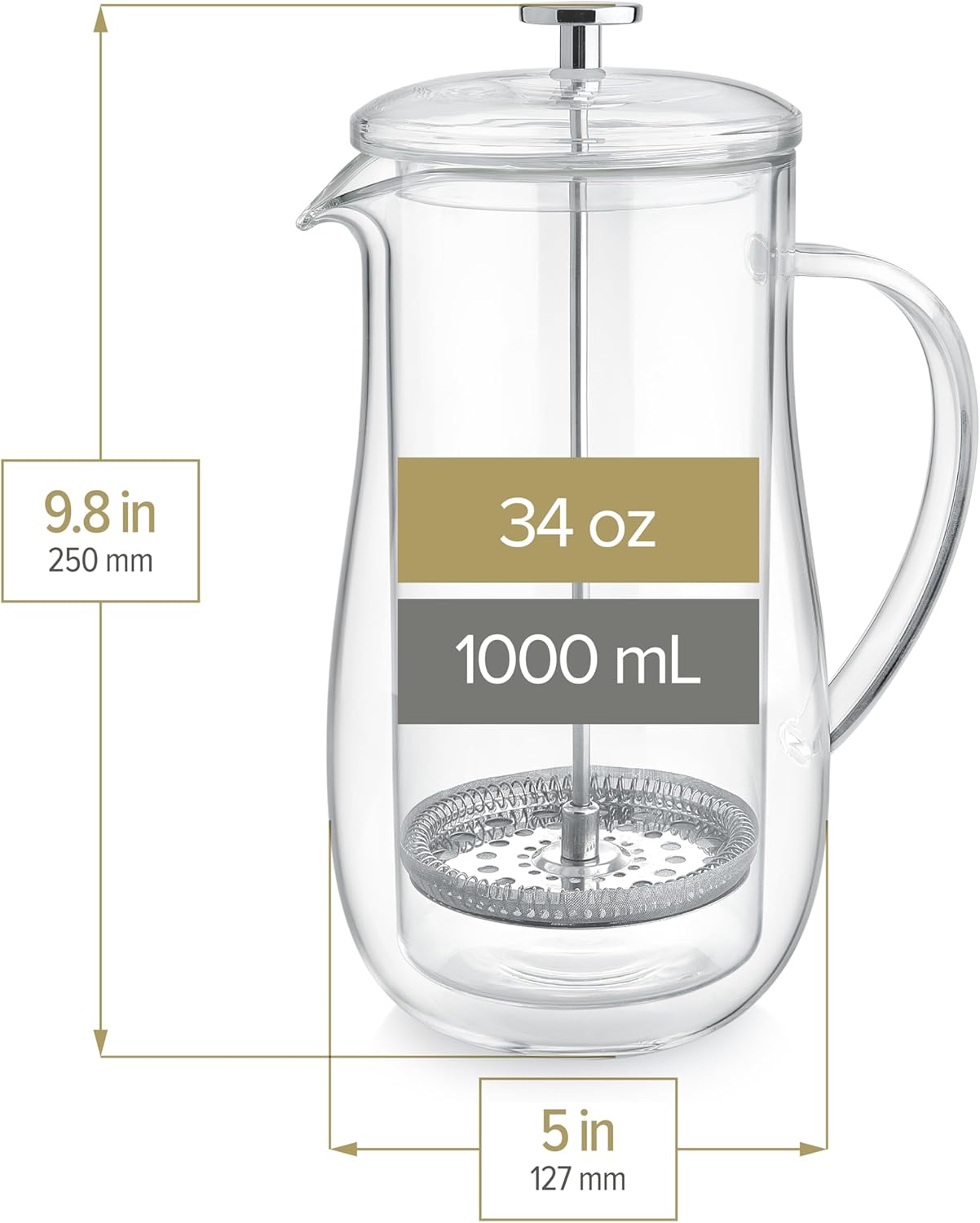 Teabloom Insulated Double-Walled Glass French Press – 100% Plastic-Free Tea & Coffee Press for Pure, Rich Flavor | 34 oz Precision Brewer | Connoisseur's Choice