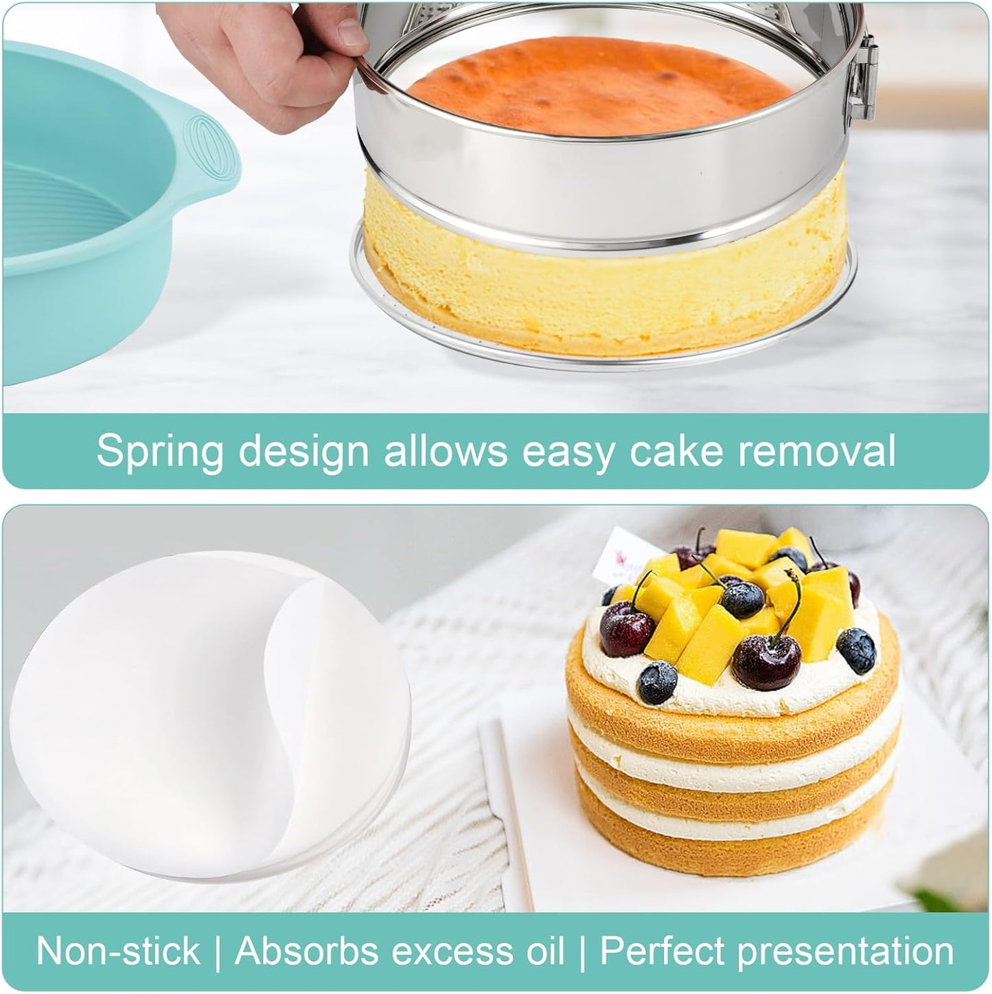 10-inch Stainless Steel Springform Pan with Silicone Protector, Removable Bottom, Parchment Paper, Decorating Kit Piping Bags and Tips- Great for Birthday Parties