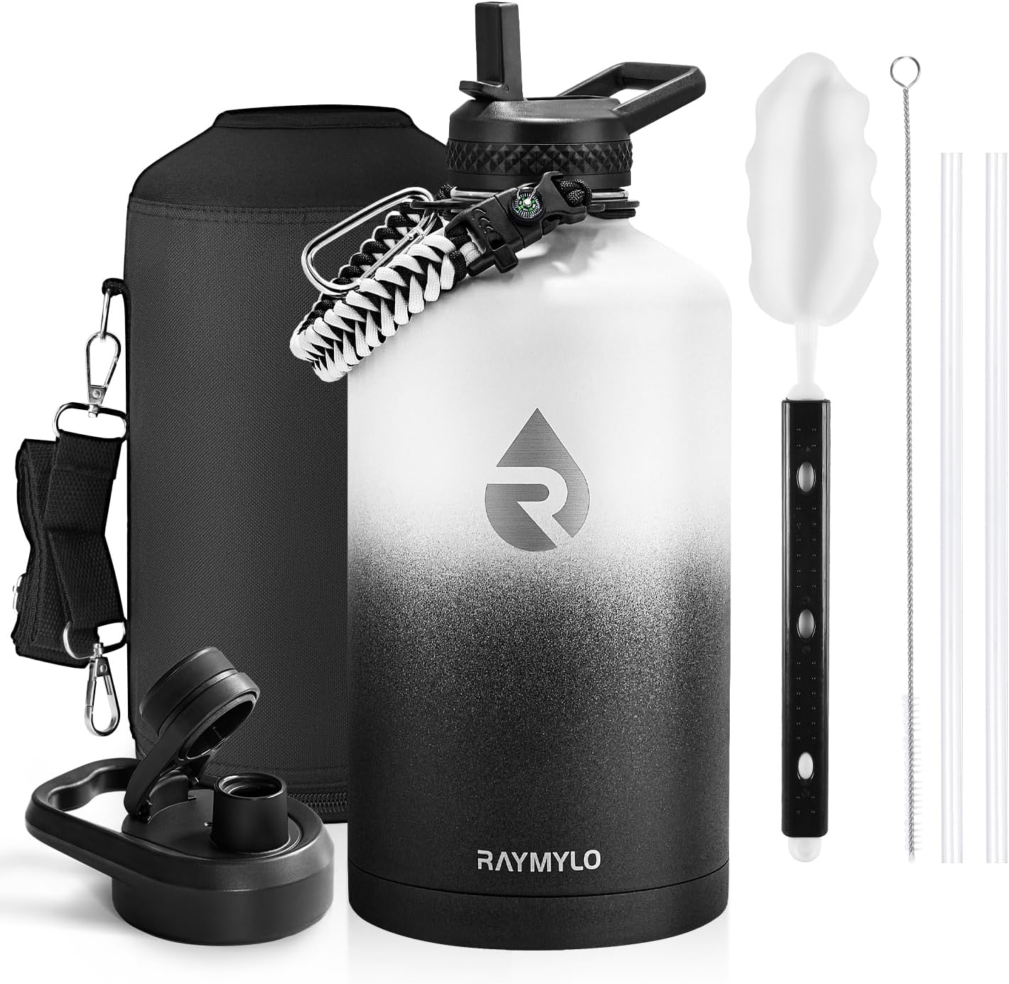 One Gallon Water Bottle Insulated, Triple Walled Vacuum Stainless Steel (Cold for 48 Hrs), Leak Proof & Non-BPA, Large Water Flask Jug with Paracord Handle & Straw Spout Lids