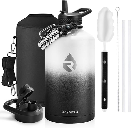 One Gallon Water Bottle Insulated, Triple Walled Vacuum Stainless Steel (Cold for 48 Hrs), Leak Proof & Non-BPA, Large Water Flask Jug with Paracord Handle & Straw Spout Lids