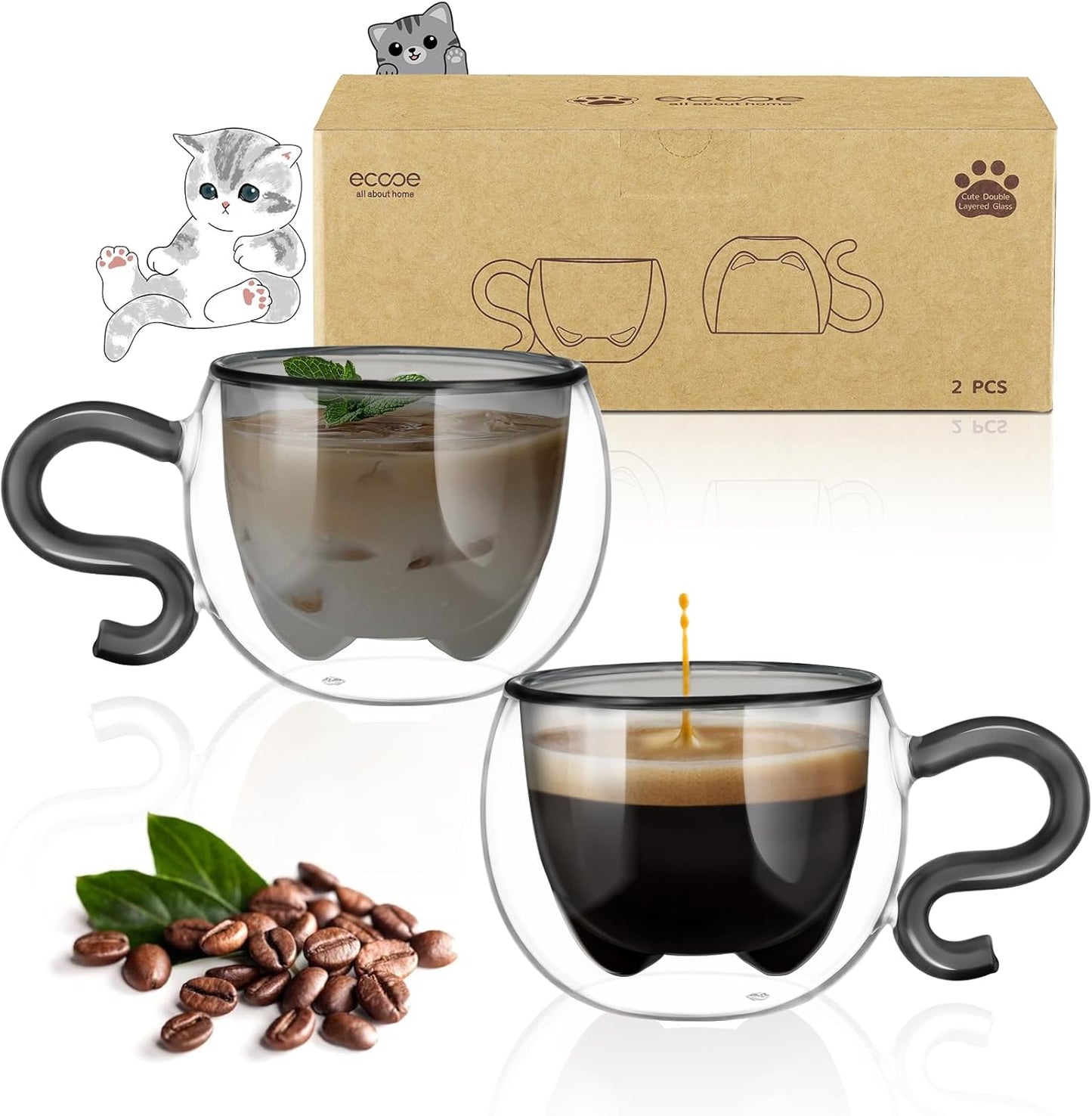 ecooe 4.4 Oz Black Cute Cat Double Wall Glasses Espresso Cups Set of 2, Demitasse Cups, Espresso Shots Coffee Cups Birthday Christmas Gifts for Women,Men, Mum, Kids, 130 ml (full capacity)