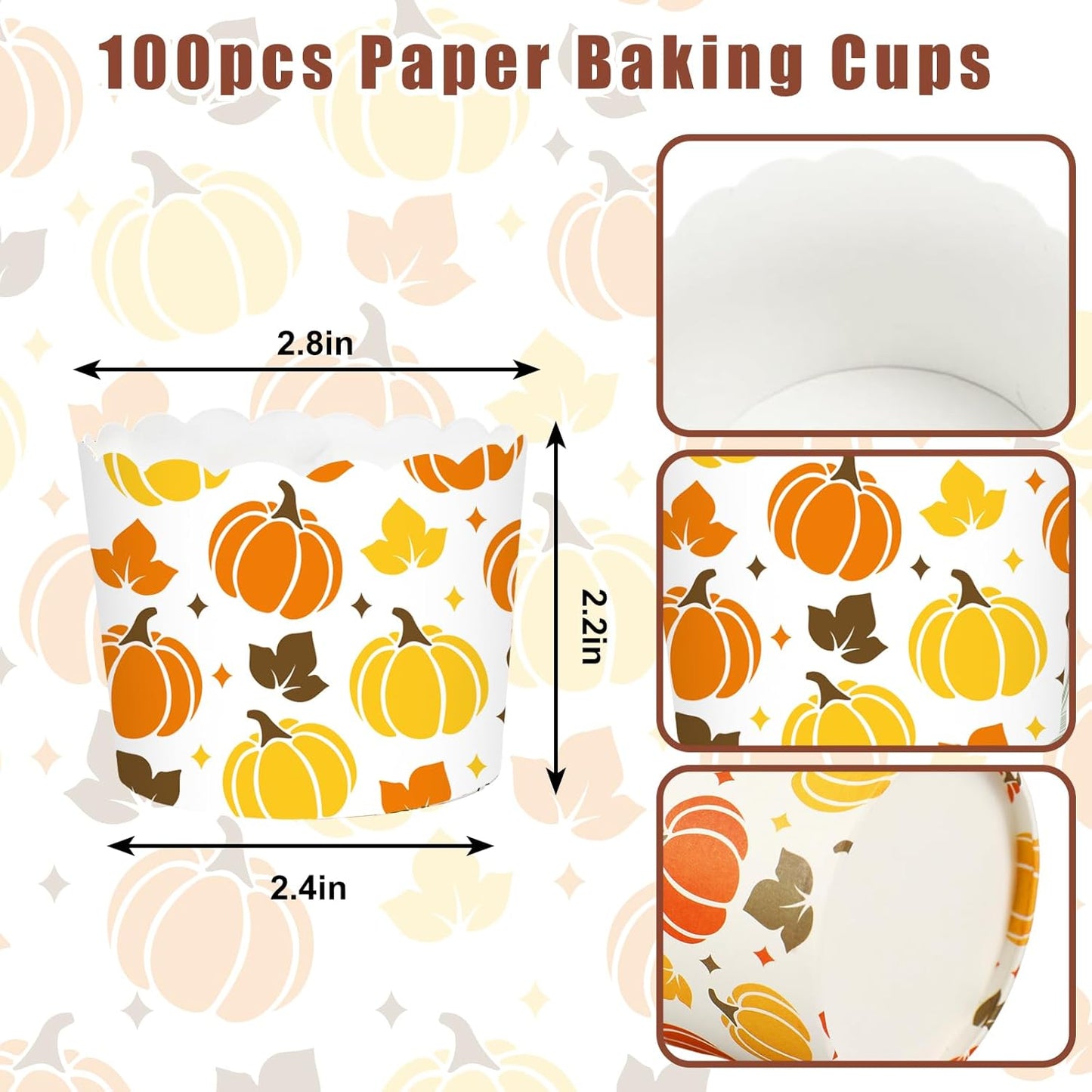 Whaline 100Pcs Fall Paper Baking Cups Pumpkin Maple Leaf Cupcake Wrappers Orange Yellow Brown Scalloped Edge Cupcake Muffin Cases for Autumn Thanksgiving Dessert Decoration