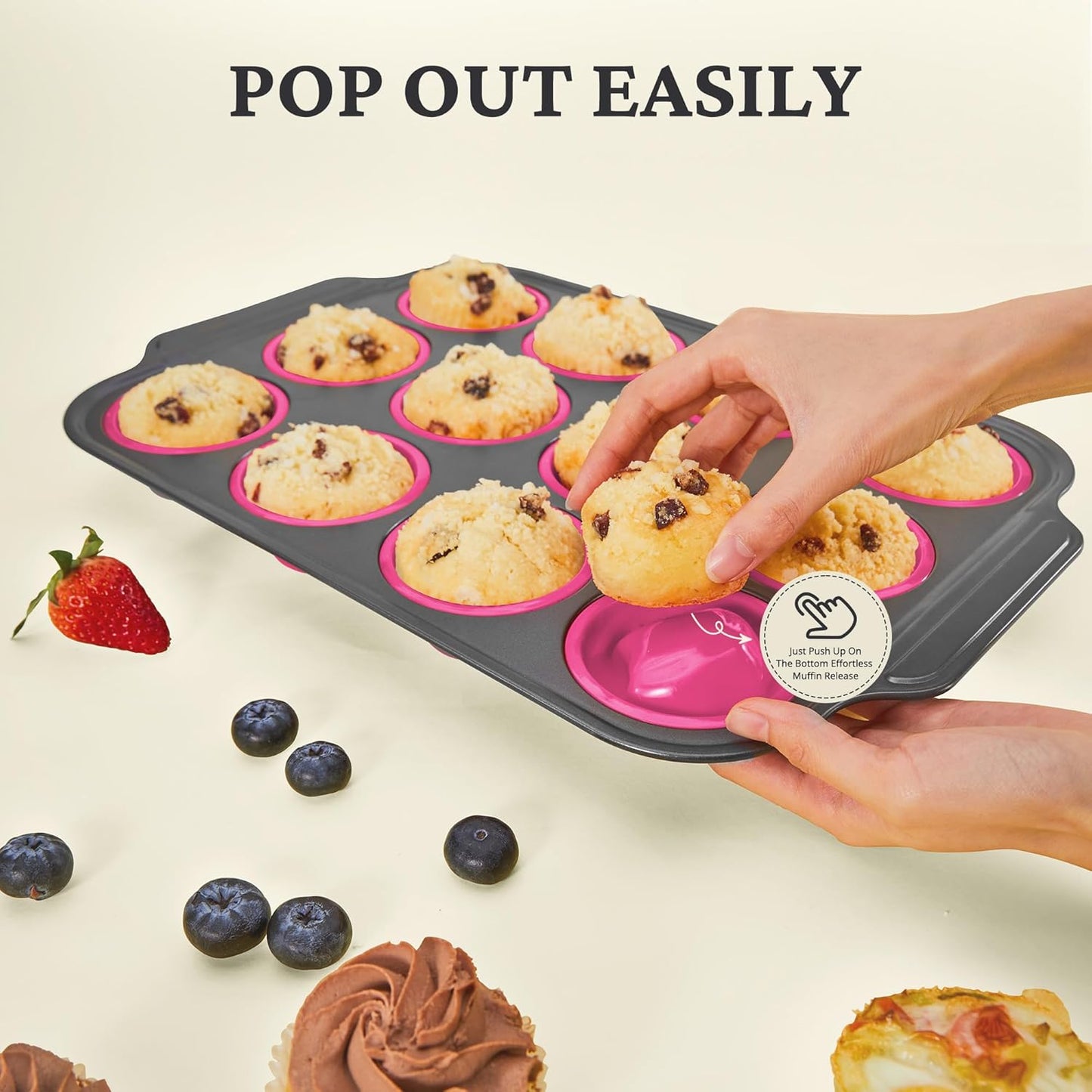 BRONYPRO Silicone Muffin Pans for Baking with Metal Frame, Egg Bite Molds, Cupcake Pans 12 Regular Size, Muffin Tins Easy to Pop Nonstick Non Toxic Bakeware for Oven,Rose Pink
