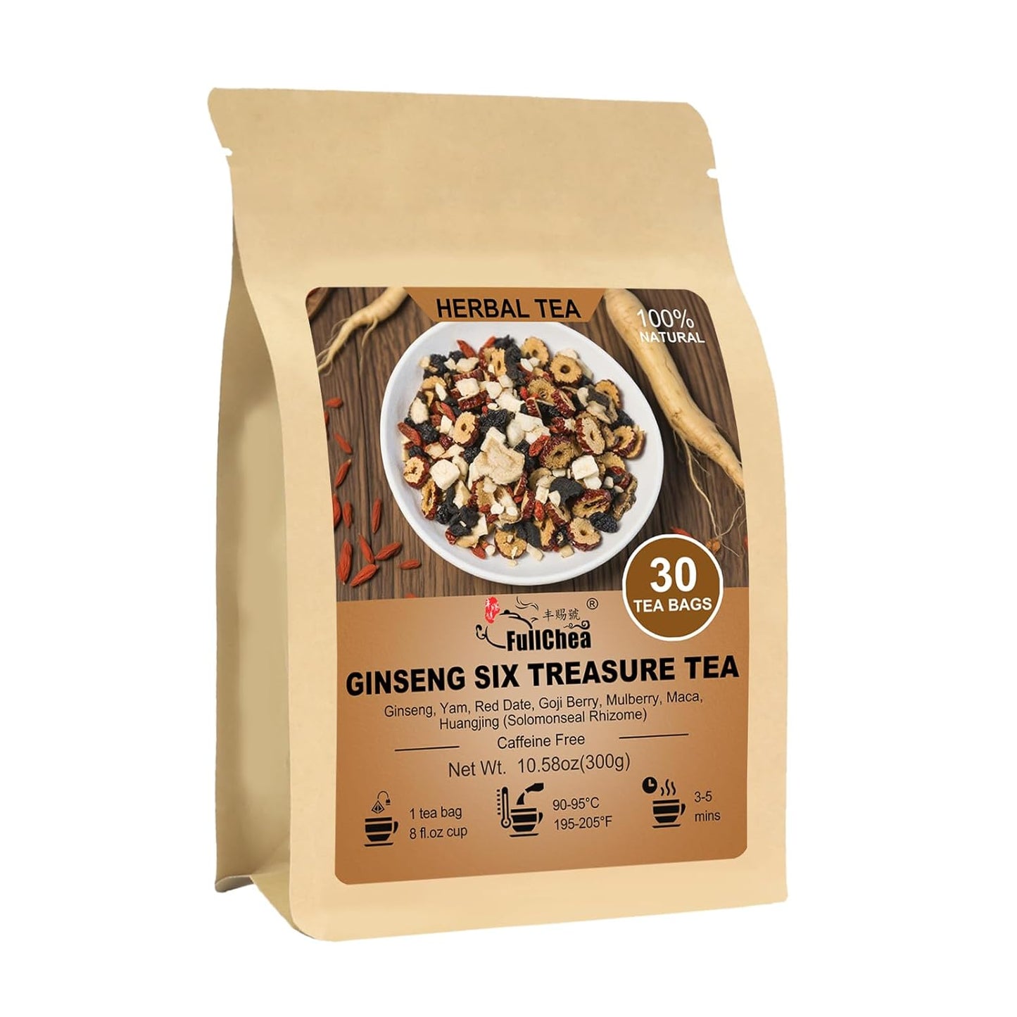 FullChea - Ginseng Six Treasure Tea, 30 Teabags, Traditional Chinese Herbal Blend for Kidney Health, Detox Tea With Ginseng, Mulberry, Huangjing, Maca, Goji Berry, Red Dates, Yam - Support Wellness