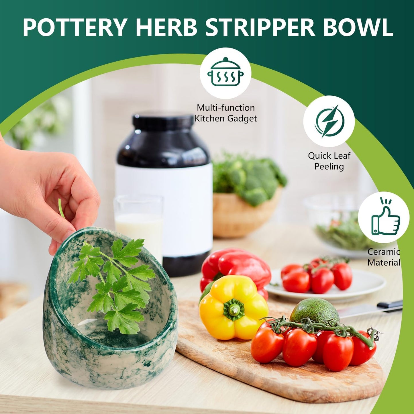 Pottery Herb Stripper Bowl, Handmade Ceramic Herb Peeling Bowl, for Separating Leaves and Stems (Green)