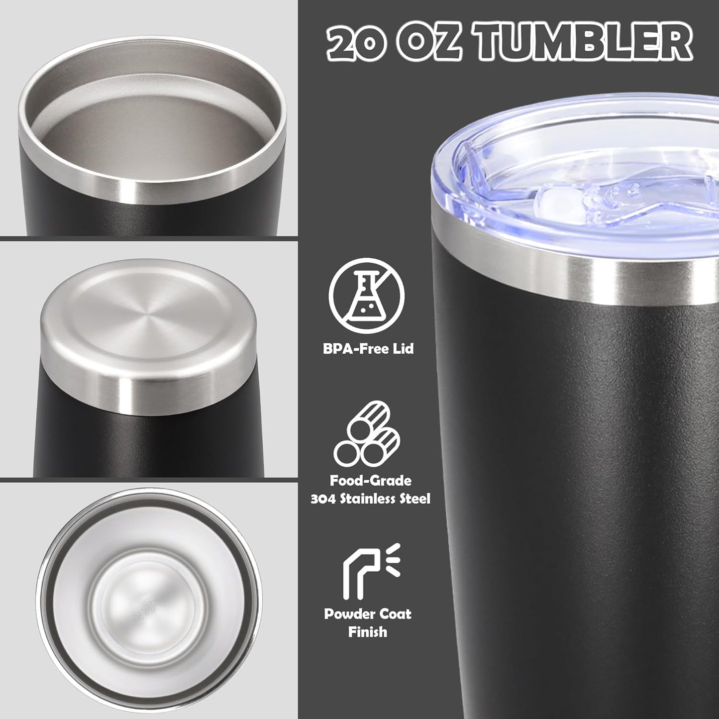 20oz Tumbler Bulk Stainless Steel Tumbler Cup with Lid Vacuum Insulated Double Wall Travel Mug, Durable Powder Coated Travel Coffee Tumbler Mug for Hot & Cold Drinks, Black,8 Pack
