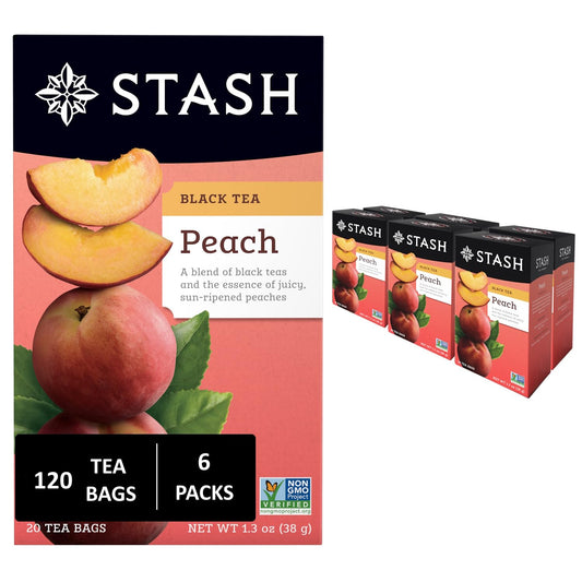 Stash Tea Peach Black Tea, 6 Boxes With 20 Tea Bags Each (120 Tea Bags Total)