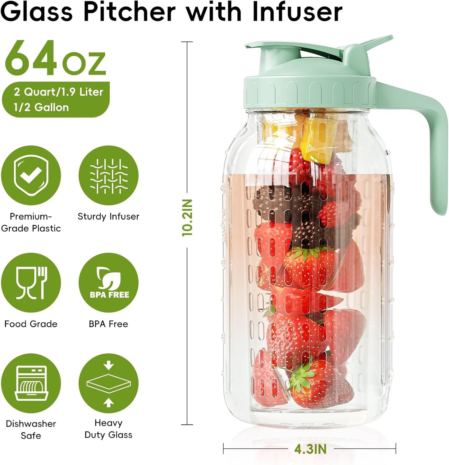 Fruit Infuser Water Pitcher,Glass Mason Jar Pitcher,64oz(2 Quart) Wide Mouth Jug with Pour Spout Handle Lid for Fruit Drinks,Cold Brew Coffee,Ice Beverage,Iced Juice,Lemonade,Sun Tea Container