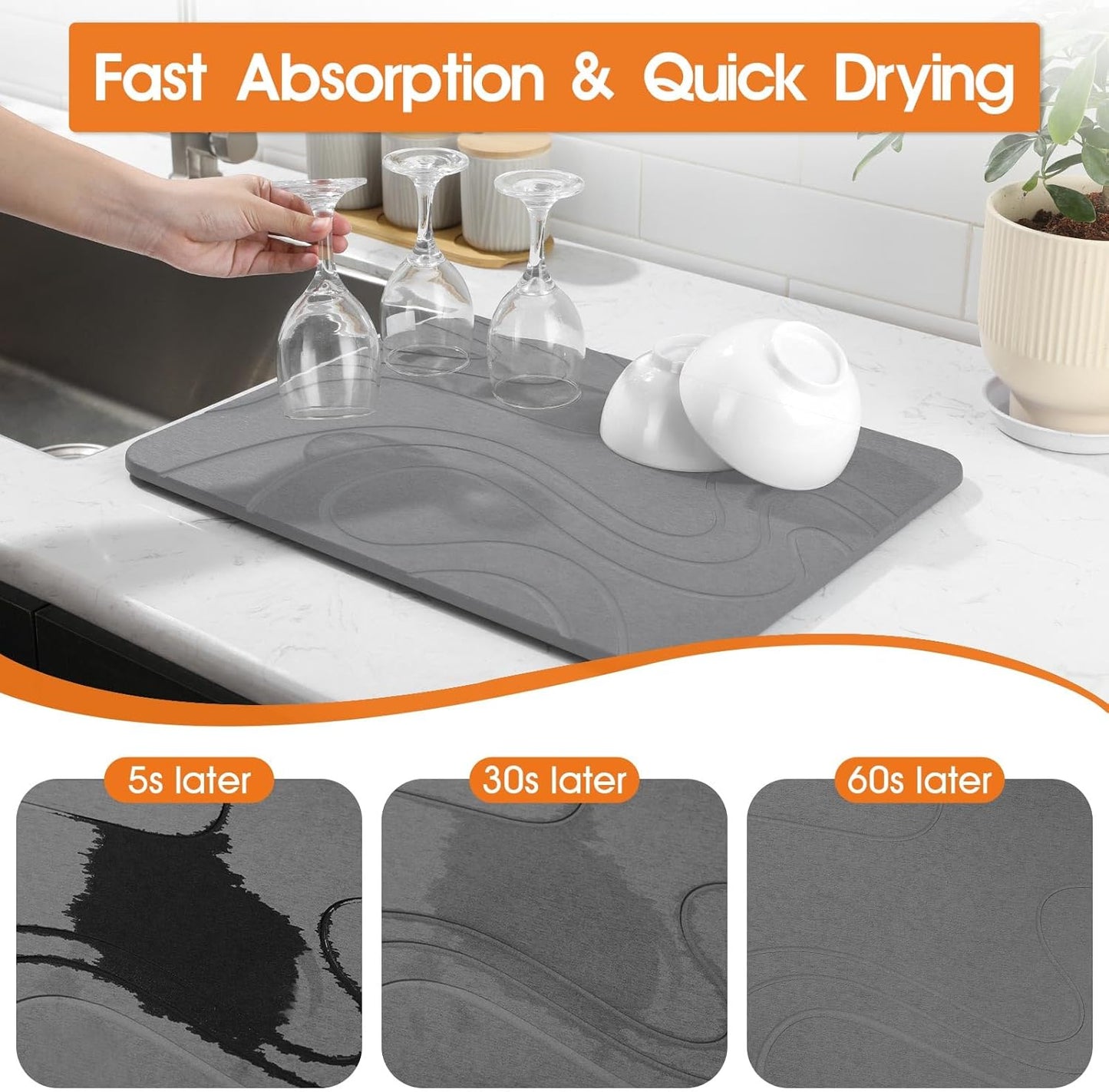 2 Pack Stone Dish Mat for Kitchen Counter, Dirt-Resistant Quick Drying Fast Absorbent Non-Slip Diatomite Mat, Natural Diatomaceous Earth Dish Drying Pad (Dark Grey)