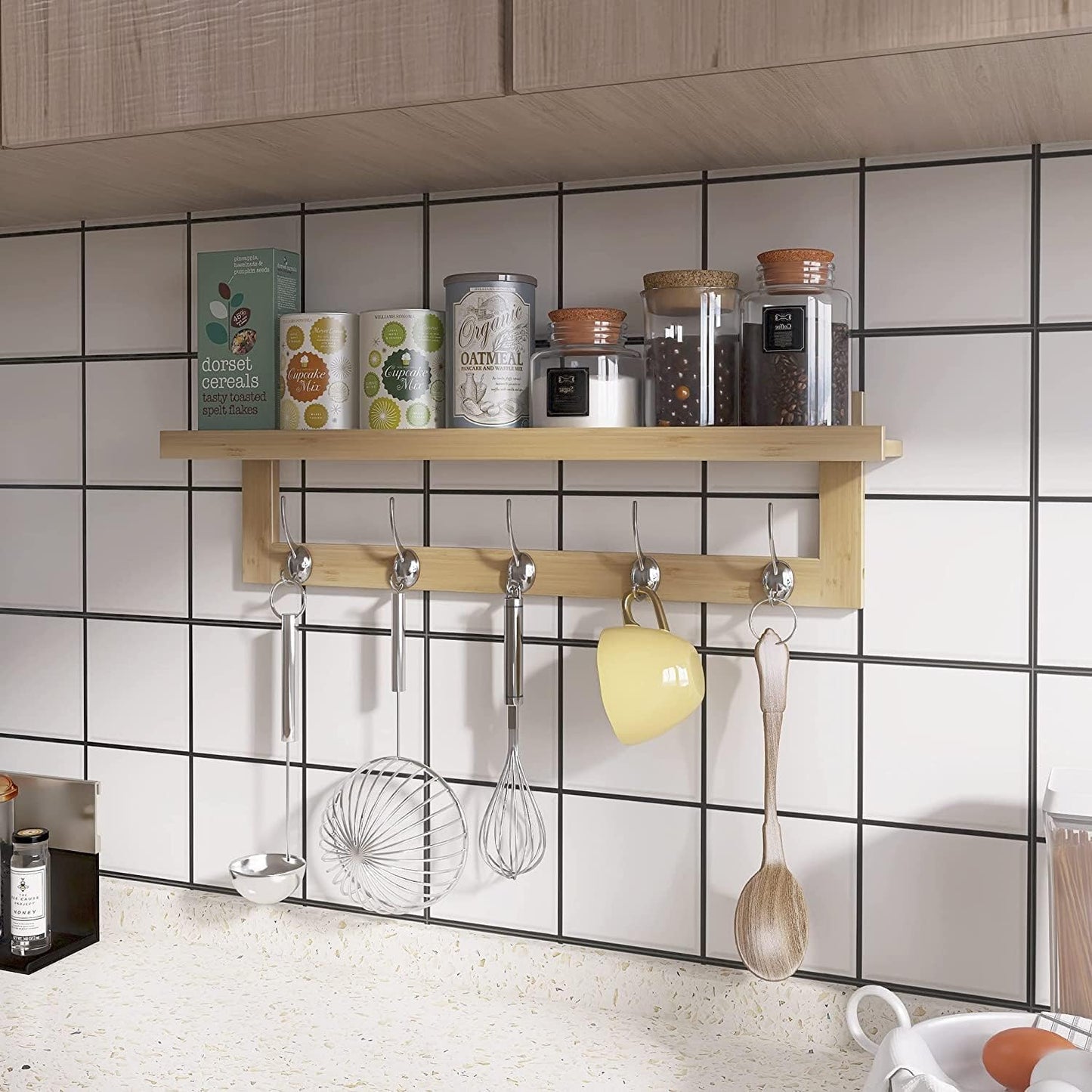 SMIBUY Coat Hooks with Shelf Wall-Mounted, 29.2 Inch Entryway Coat Rack for Wall, Bamboo Hanging Shelf with 5 Double Metal Hooks for Bathroom, Bedroom, Kitchen, Living Room, Mudroom (Natural)