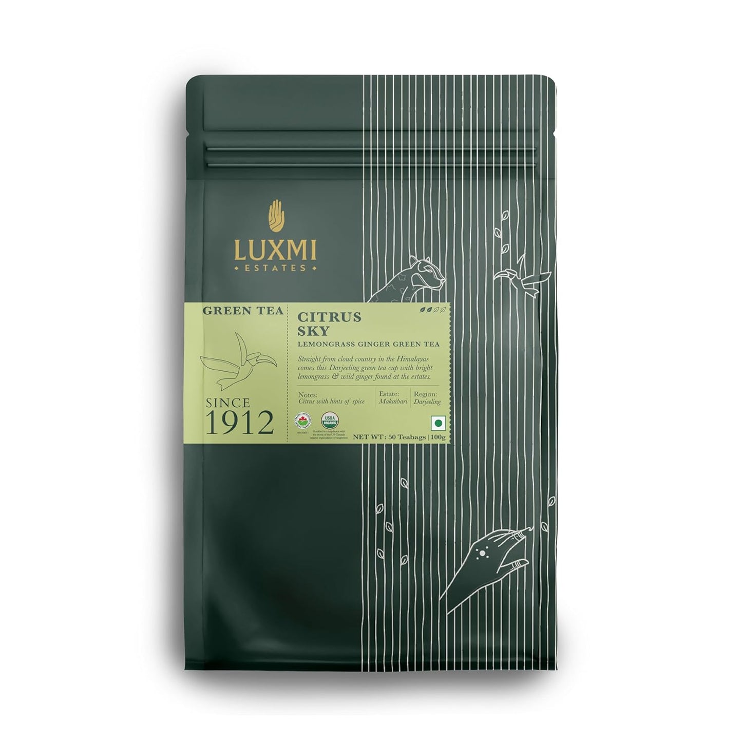 Luxmi Estates Citrus Sky Lemongrass Ginger Green Tea 50 Tea Bags (100g) Pack | Certified Organic Darjeeling Green Tea | Natural Lemon Balm Tea - Calming, Supports Digestion | 50 Cups Bulk Pack