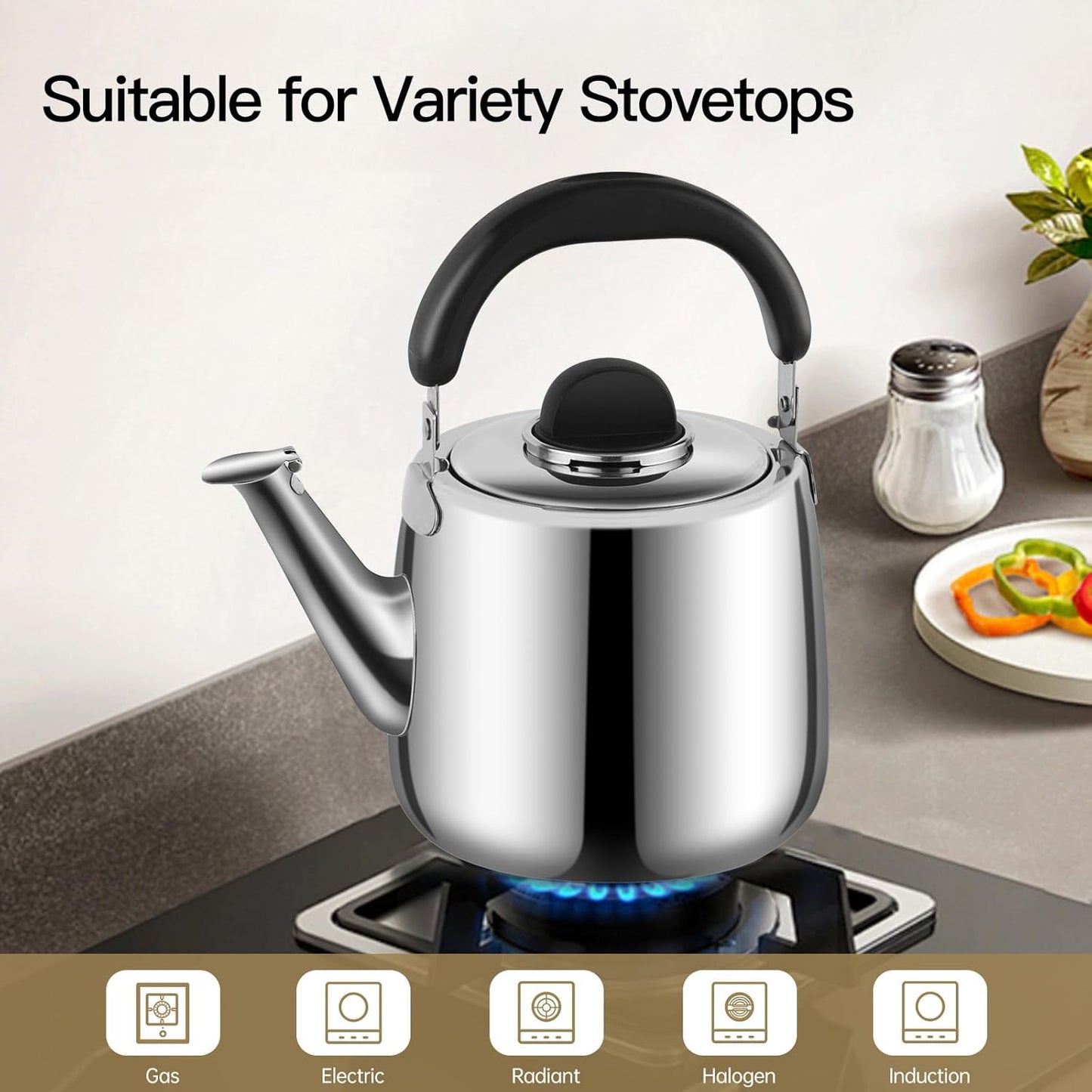 Tea Kettle,Whistling Tea kettle for Stove Top,4 QT Stainless Steel Teapot,Induction Tea Kettle Pot for Stovetop (3.8 L,Silver)