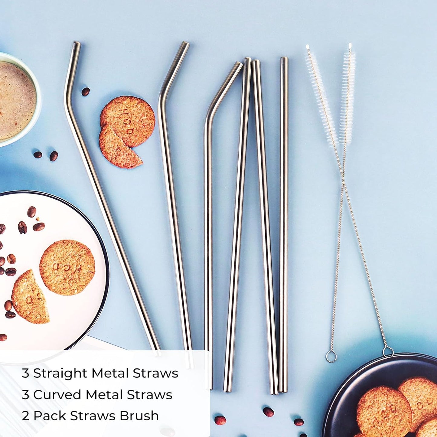 6 Pack Stainless Steel Straw Replacement for Stanley 40 oz 30 oz Tumbler,3 Straight + 3 Curved BPA Free Reusable Metal Straws with Cleaning Brush, 12Inch Long Drinking Reusable Accessories