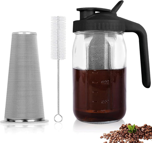Cold Brew Coffee Maker,32 Oz Mason Jar Pitcher with Stainless Steel Filter, Pour Spout Handle Lid, Heavy Duty Glass Airtight & Leak-Proof Pitcher for iced coffee Tea Lemonade-Black