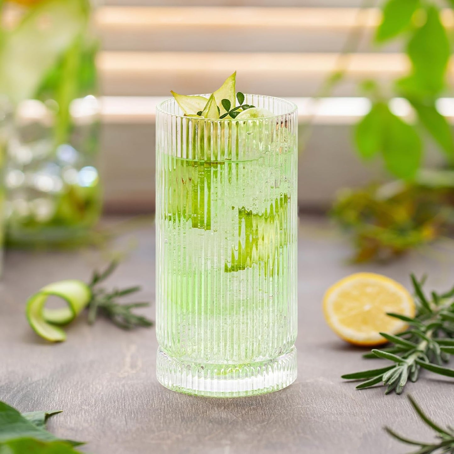 16oz Ribbed Glassware, Vintage Drinking Glasses Set of 4, Cocktail Glass Cups, Elegant Tom Collins Glasses, Highball Ribbed Glasses Ideal for Water, Iced Coffee, Juice, Beer, Milk