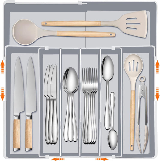 Silverware Organizer for drawer - Adjustable Kitchen Drawer Organizer Utensil Drawer Organizer, Expandable Silverware Tray for Drawer Utensil Organizer for Forks, Knives, Grey