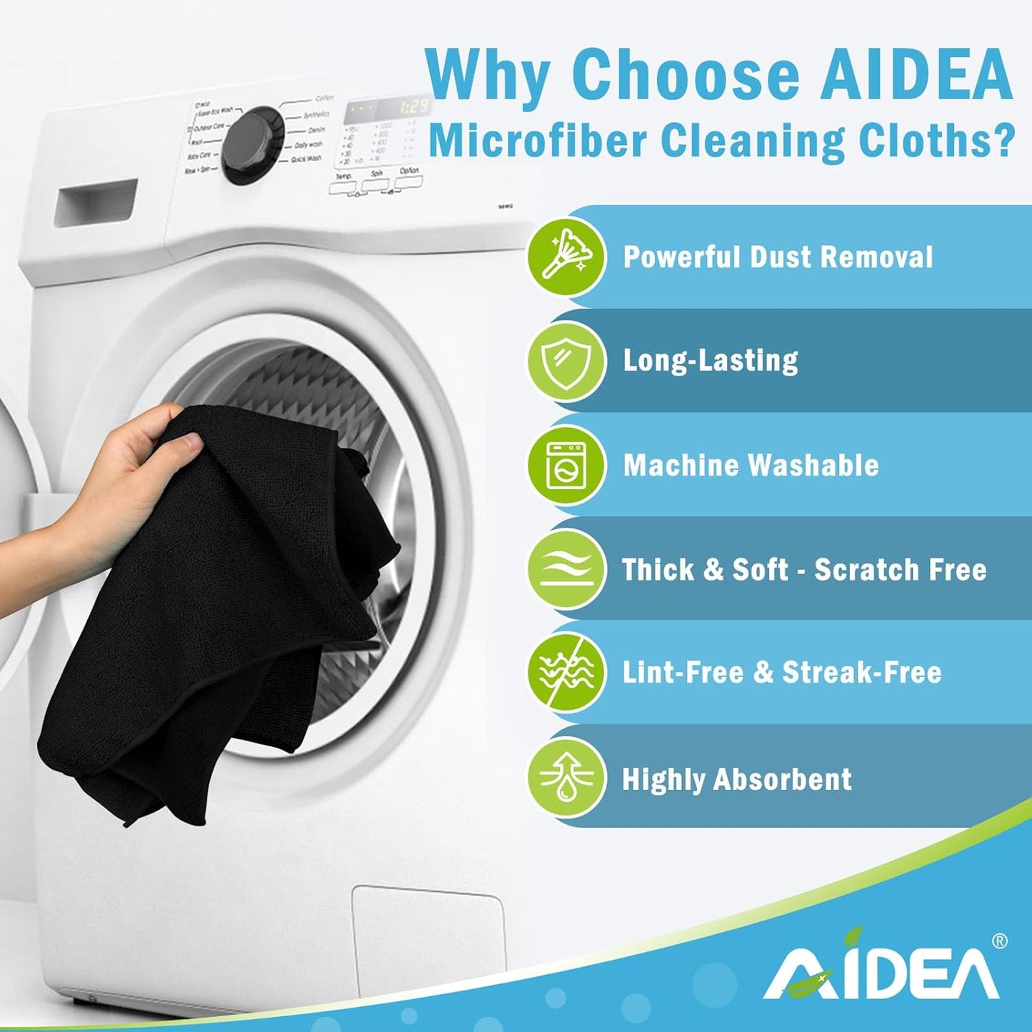 AIDEA Microfiber Cleaning Cloth-12PK, Soft Microfiber Towels for Cars, Absorbent Cleaning Rags, Lint-Free Streak-Free Wash Cloths for House, Kitchen, Window(12in.x12in), Black