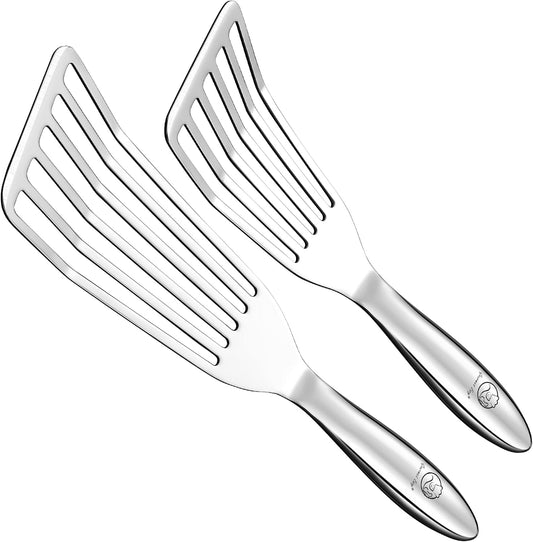 Stainless Steel Fish Spatula Set – 1 Large Fish Turner + 1 Small Metal Spatula, Ultra Thin Edge for Easy Turning & Flipping, Metal Kitchen Untensils with Ergonomic Non-Slip Handle, Dishwasher Safe