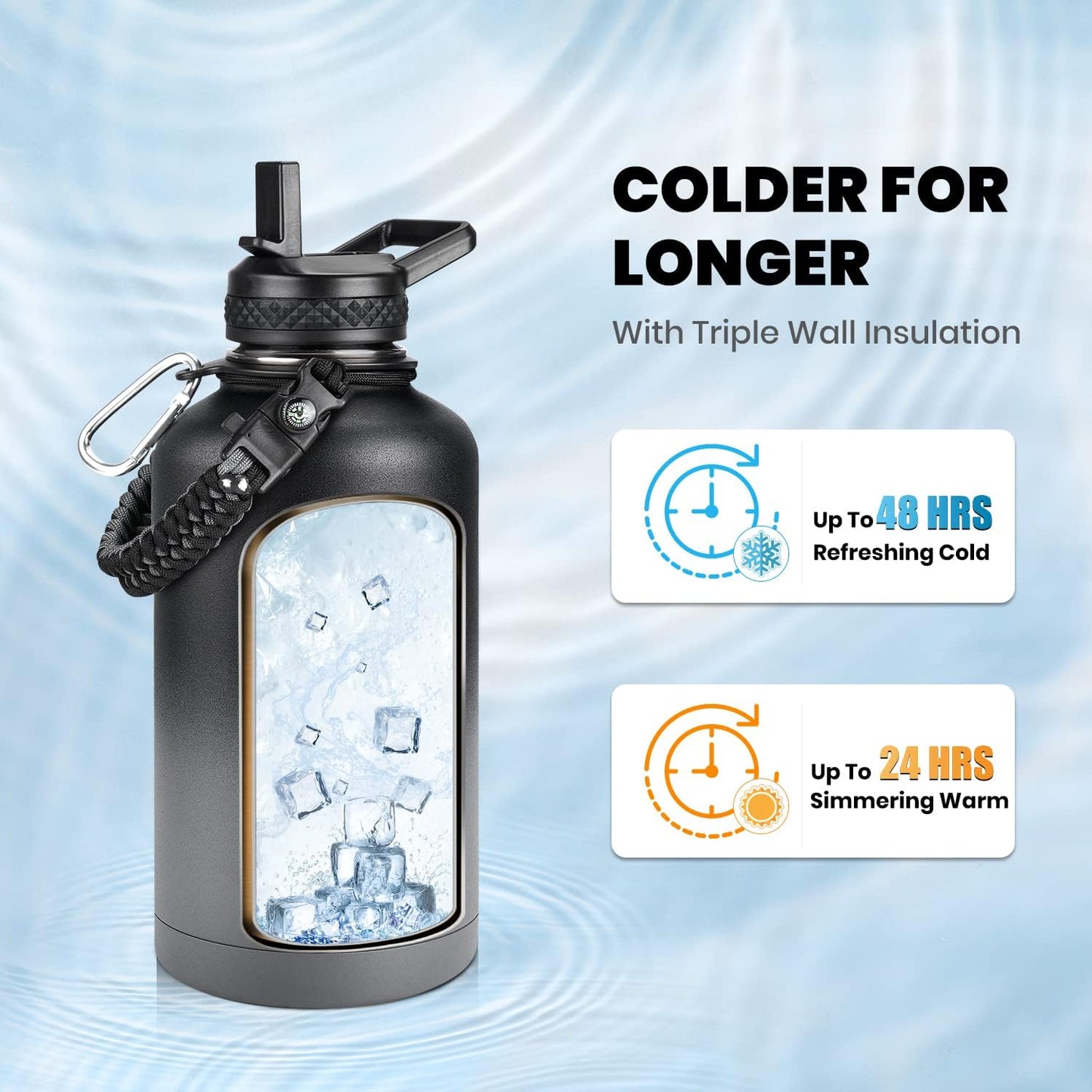 Insulated Water Bottle 64 oz, Triple Wall Vacuum Stainless Steel (Cold for 48 Hrs), Leak Proof & Non-BPA, Half Gallon Water Flask Jug with Paracord Handle & Straw Spout Lids, Dark Gray
