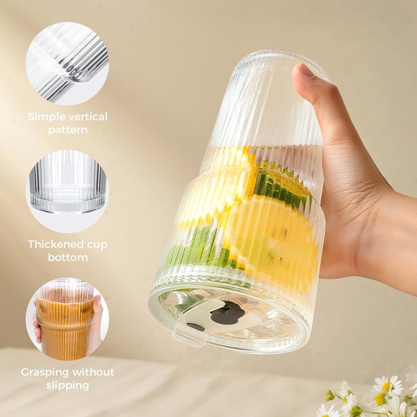 2PCS 20oz Glass Cups with Lids and Straws, Iced Coffee Cups with Lids, Stylish Ribbed Thick Drinking Glasses Tumbler for Juice, Smoothies, Cold Beverages, Cute Cup Gifts with Clean Brush