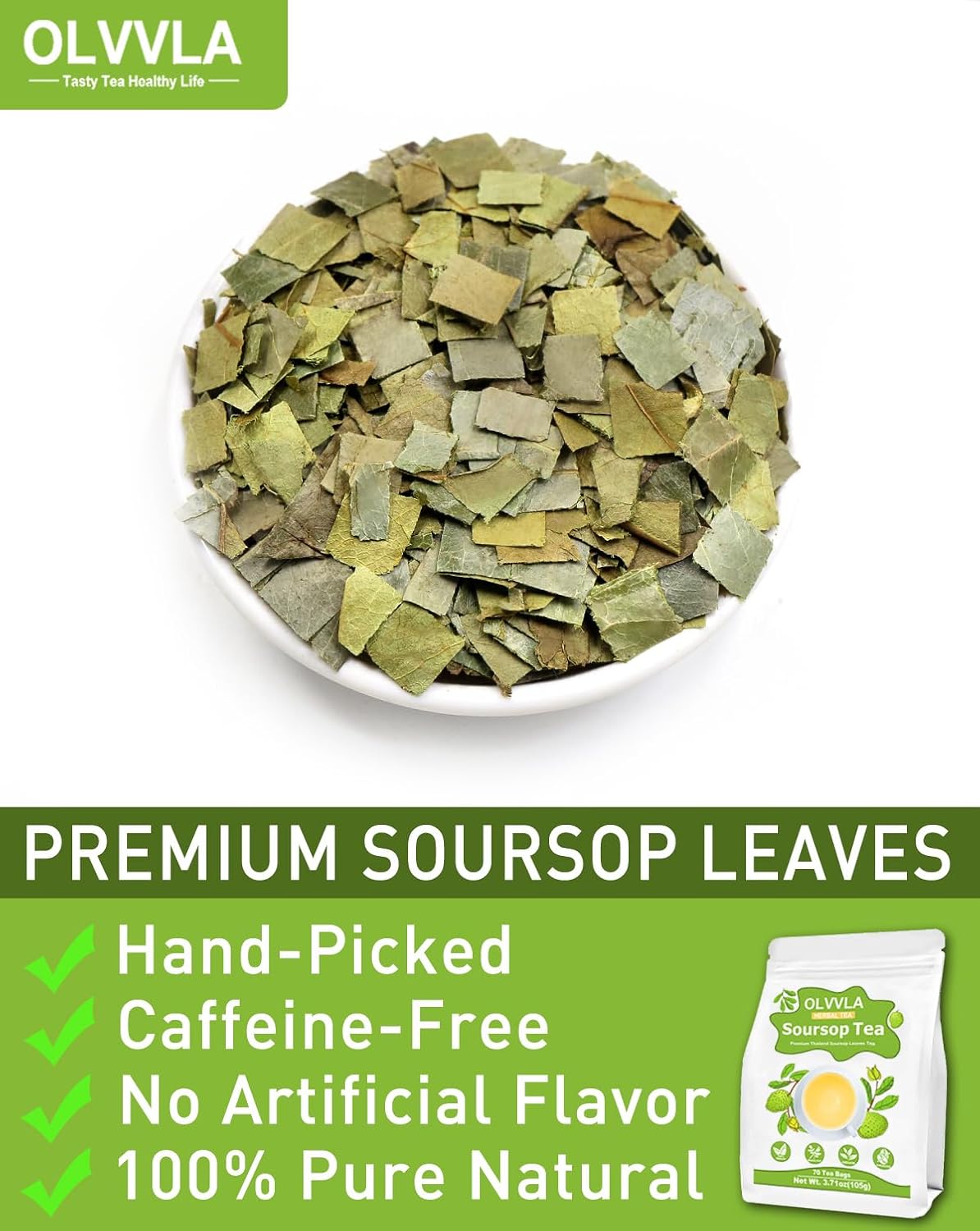 Olvvla - Premium Soursop Tea Bags - 1.5g X 70 Count - Pure Natural Soursop Leaves Tea - Caffeine-free - Non-GMO - Sourced from Thailand - Support Digestion & Help Skin Health