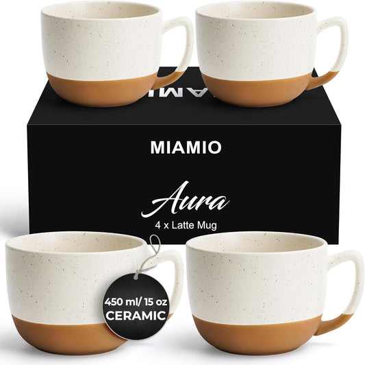 MIAMIO – 15 Ounce, Set of 4 Ceramic Latte Mug – Elegant Modern Coffee Mug Set for Cafe, Latte, Tea, Hot Cocoa - Drinks Dishwasher & Microwave Safe – Aura Collection (Creamy Cocoa, Coffee Mug(4x))