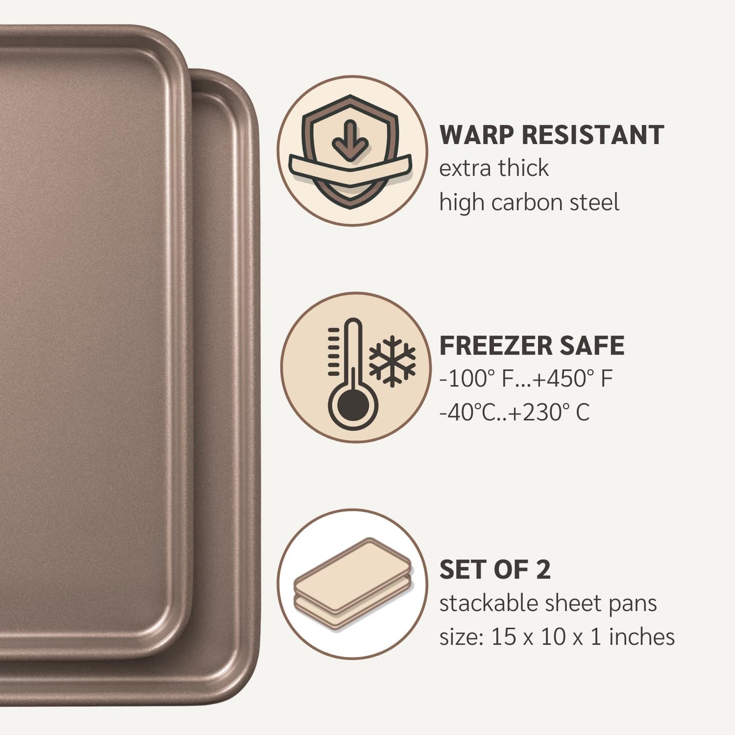 Nonstick 15x10 inch Baking Sheet Set of 2 | PFOA & BPA Free Non Toxic Carbon Steel 10x15 inches Cookie Sheets | Best Non stick Oven Cooking Pans & Jelly Roll Pan | Best Nontoxic Baking Trays