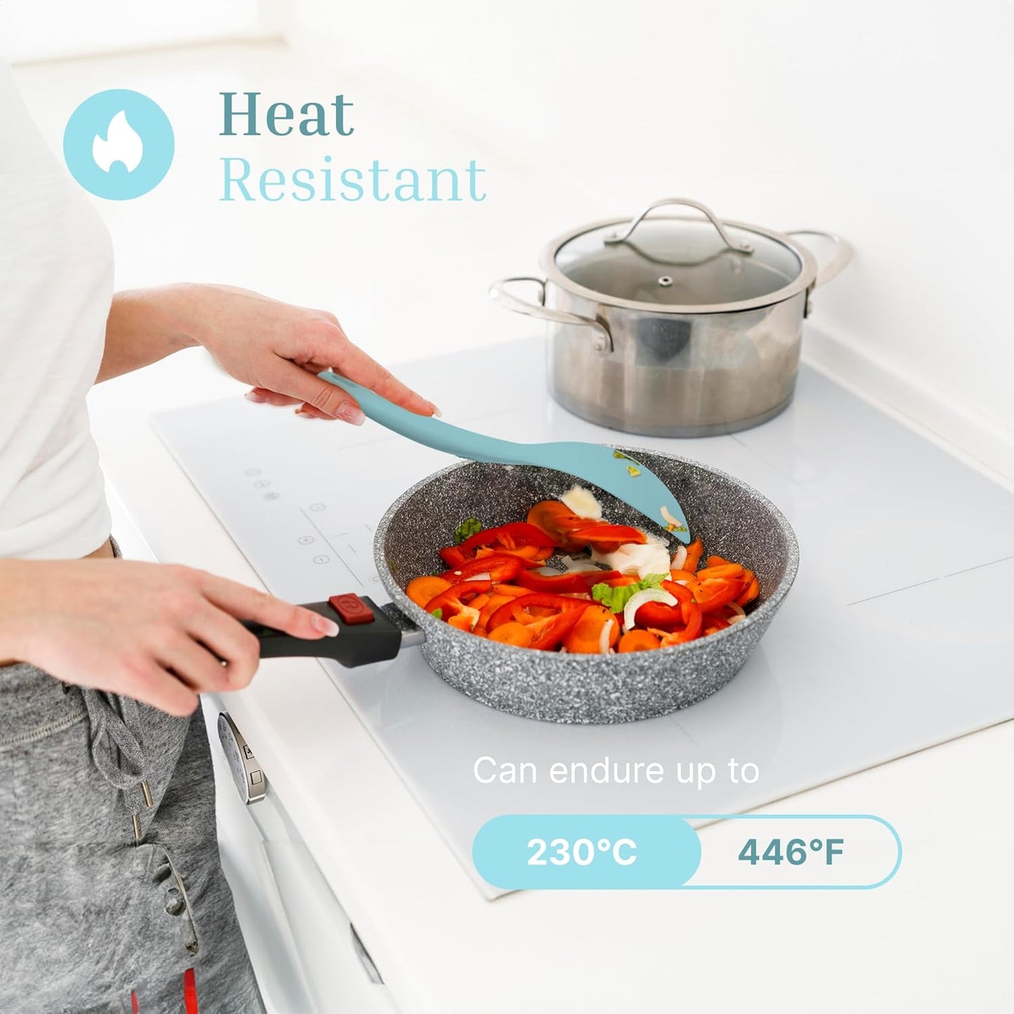 Silicone Utensils 4-Piece Set – Rubber Spatula, Pastry Brush, Slotted Turner, and Rice Paddle – Complete Heat-Resistant Set for Non-Stick Cookware – Kitchen Tools for Cooking and Baking – Pastel Blue