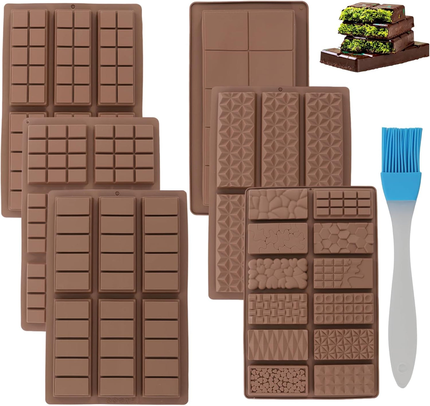 6-Piece Set Dubai Chocolate Bar Mold, Non-Stick Chocolate Molds Silicone, 100% Food Grade Silicone Candy Bar Mold, Changeable Shapes, Easy to Demould, for Pistachio Wax Melting Rectangle, with Brush*1