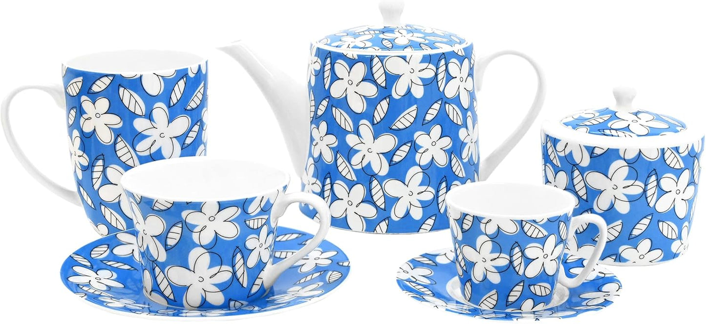Romero Britto Bone China Coffee & Tea Pot, 28.7 oz, Blue Flowers, Floral Artwork Design