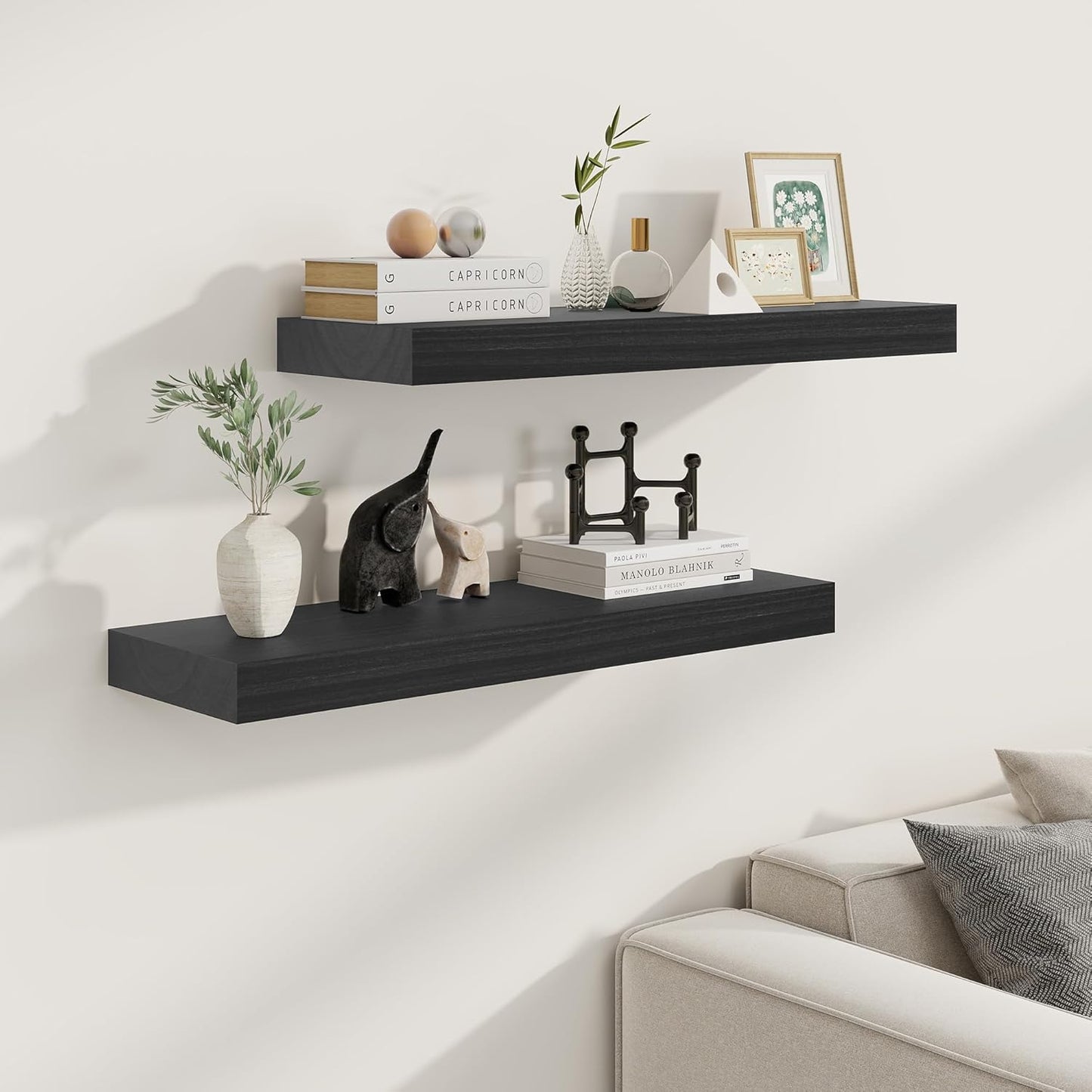 Fun Memories 9 Inch Deep Black Floating Shelves, Farmhouse Rustic Natural Wood Floating Shelf Wall Mounted, 30 x 9 Wall Shelves Set of 2, Deep Black Bathroom Shelves