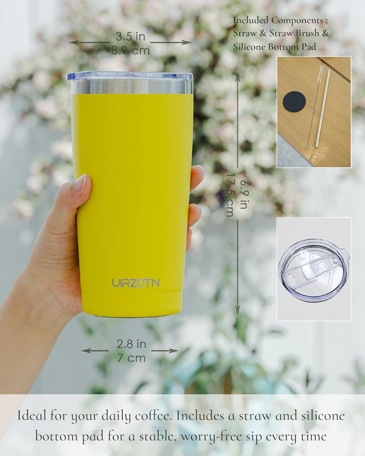 Travel Coffee Tumbler 20oz, Leakproof Travel Coffee Mug with Lid and Straw, Stainless Steel Double Wall Vacuum Insulated Tumbler for Hot/Iced Drinks (Textured Matte, Yellow)