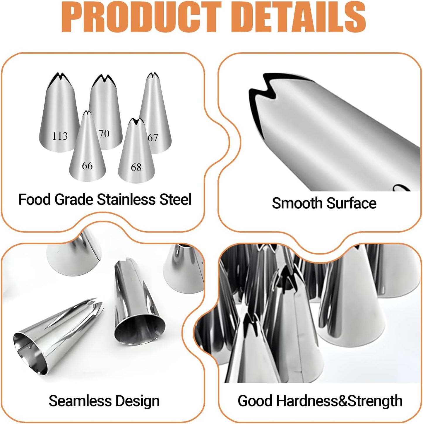 5PCS Piping Tips, Stainless Steel Cake Decorating Tips, Suitable for Pastry Fondant Cupcakes, with 50PCS Piping Bags, 1PCS Cleaning Brush