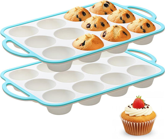 Silicone Muffin Pans for Baking 2 Pack, 2.6 Inch with Metal Reinforced Frame, Regular Size Nonstick Cupcake Pan 12 Cups for Baking Homemade Muffins, Dishwasher Safe BPA Free-Blue