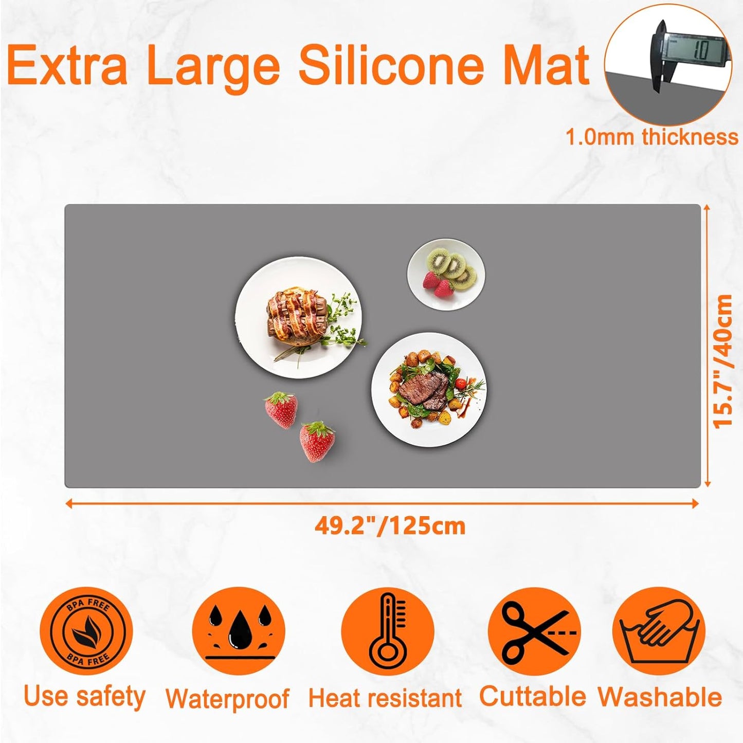 49.2''x15.7''(125cmx40cm) Extra Large Silicone Mat, Silicone Mats for Kitchen Countertop, Heat Resistant Mat Kitchen Island Countertop Protector, Waterproof Kitchen Counter Mats, Light Gray