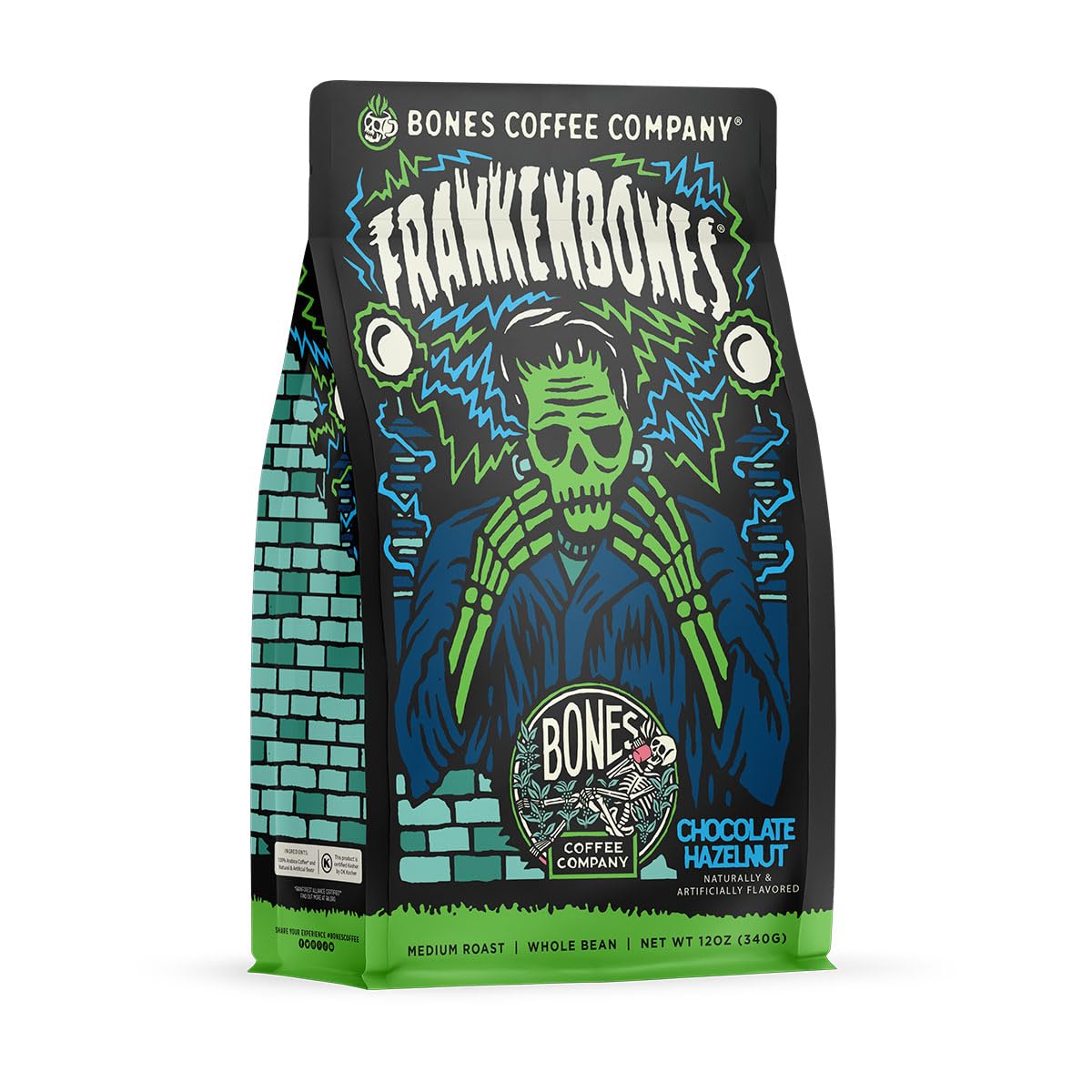 Bones Coffee Company Frankenbones Chocolate and Hazelnut Flavored Coffee, Medium Roast Low Acid Arabica Beans Compatible with Auto drip and French Press Coffee Maker, 12 Oz Ground