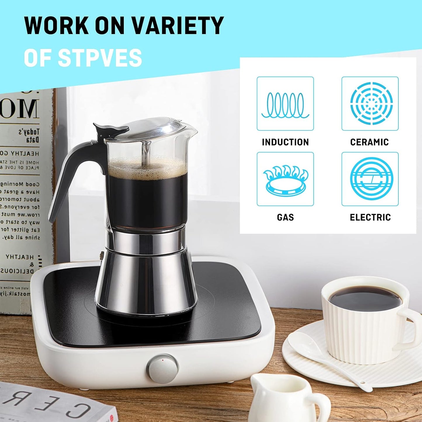 Moka Induction Stovetop Espresso Maker,Crystal Glass-top & Stainless Steel Espresso Moka Pot,Classic Italian coffee maker,240ml(6cup)