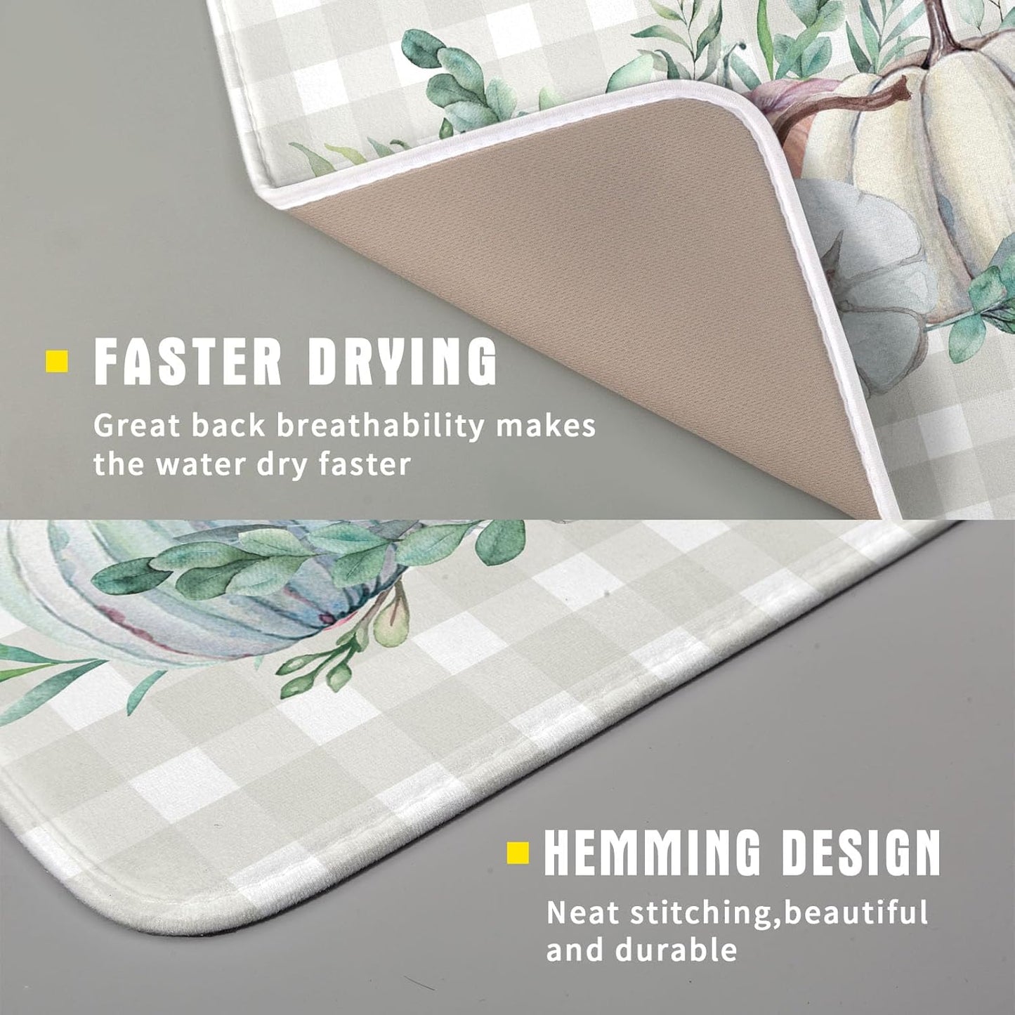 Fall Colorful Pumpkin Dish Drying Mat for Kitchen Counter,Green Leaves Drying Mat with Hanging Loop 16 x 18 Inch Microfiber Grey White Check Plaids Dish Drying Pad Dish Rack Drainer Mat for Coffee Bar