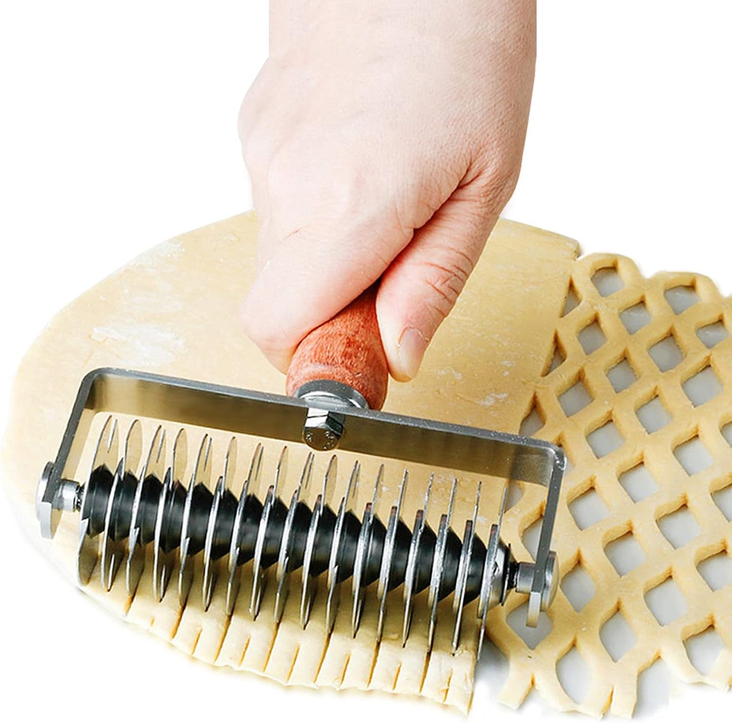 Stainless Steel Lattice Dough Cutter with Wood Handle, Pie & Pizza Pastry Roller maker, Bread Biscuit Maker
