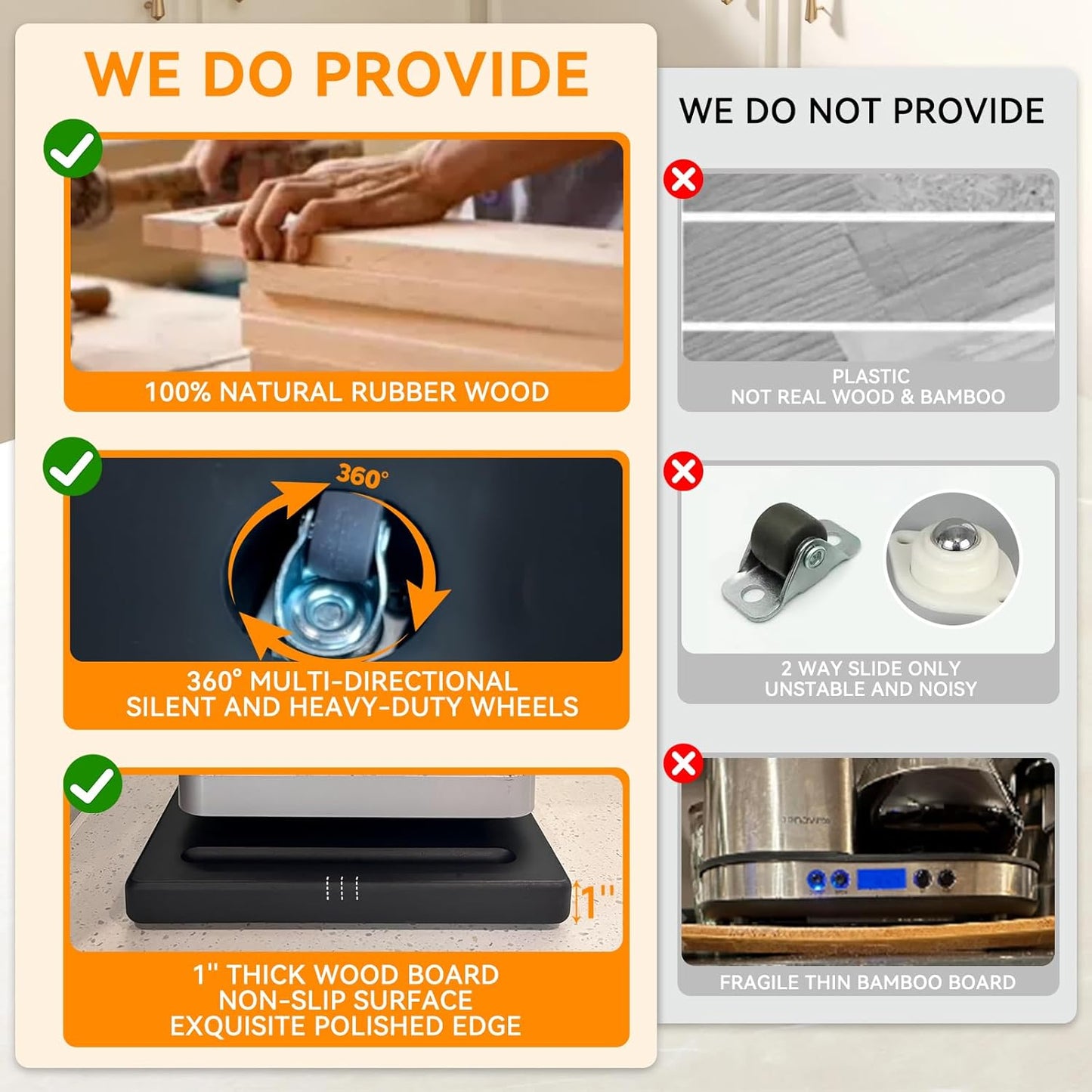 Wood Appliance Sliders with 360' Wheels, Sliding Tray for Coffee Maker & Heavy Kitchen Appliances,Countertop Appliance slider for Kitchen Appliance, Premium Wood Rolling Tray,No Assemble (Deep-Small)